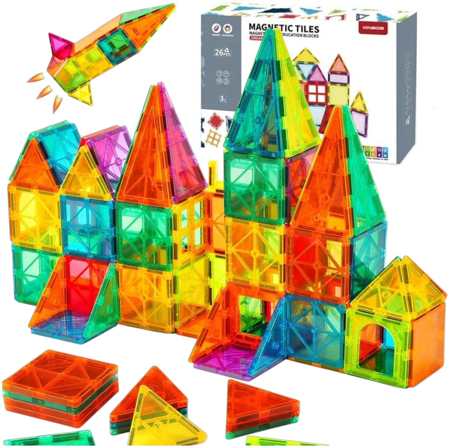 Magnetic Tiles for Kids - Building Blocks Toys, Preschool Learning, Sensory Montessori, Constructing & Creative Educational Brain Toys, STEM Kit (26 Pcs)