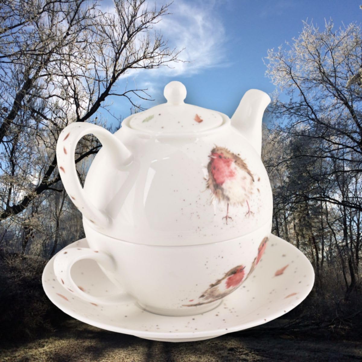 Wrendale Designs Porzellan Tee Set Tea-for-One Rotkehlchen Kanne mit Deckel ca. 410 ml, Tasse ca. 200 ml & Untere Motiven von der britischen Künstlerin Hannah Dale als Geschenk & zum selbst genießen