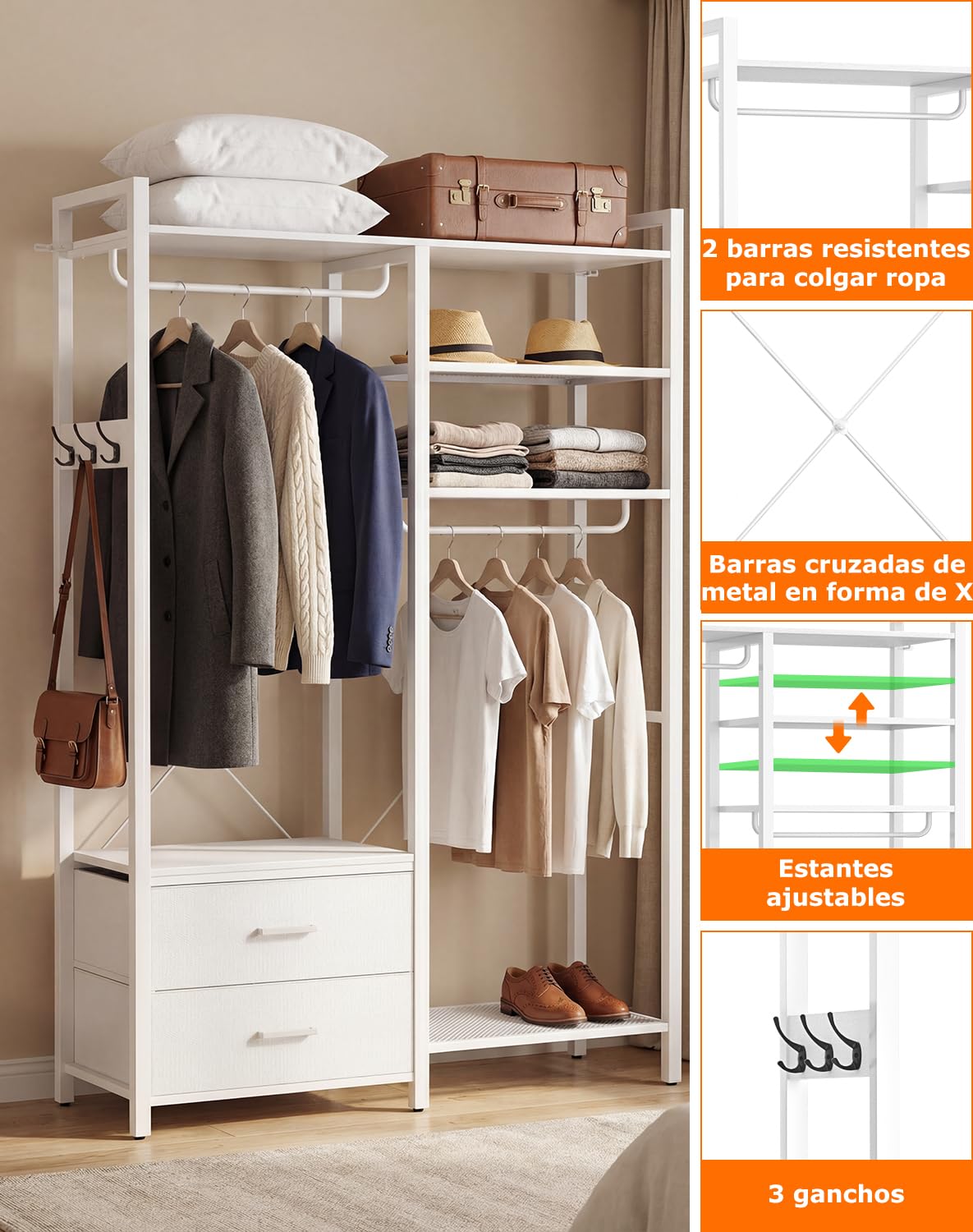 iSunirm Perchero para ropa para colgar la ropa – Perchero reversible con 2 cajones, perchero robusto con estantes, sistema de armario autoportante de 6 niveles con ganchos