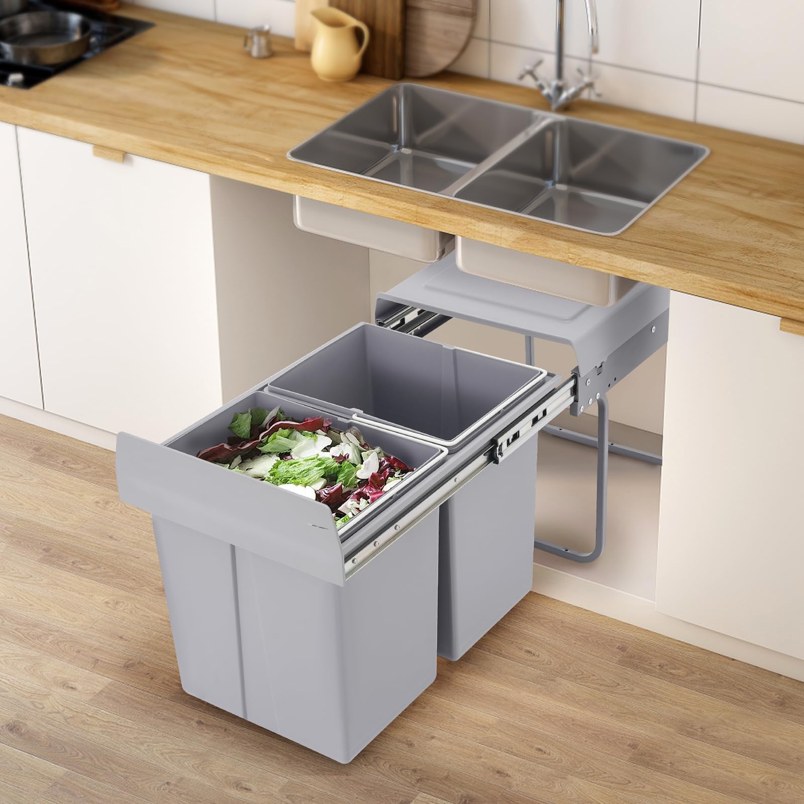 Cubo de basura de reciclaje extraíble de cocina para empotrar en el armario inferior – 2 x 20 L – Cubo de basura con extracción parcial, antideslizante, para casas, restaurantes, cafeterías, oficinas