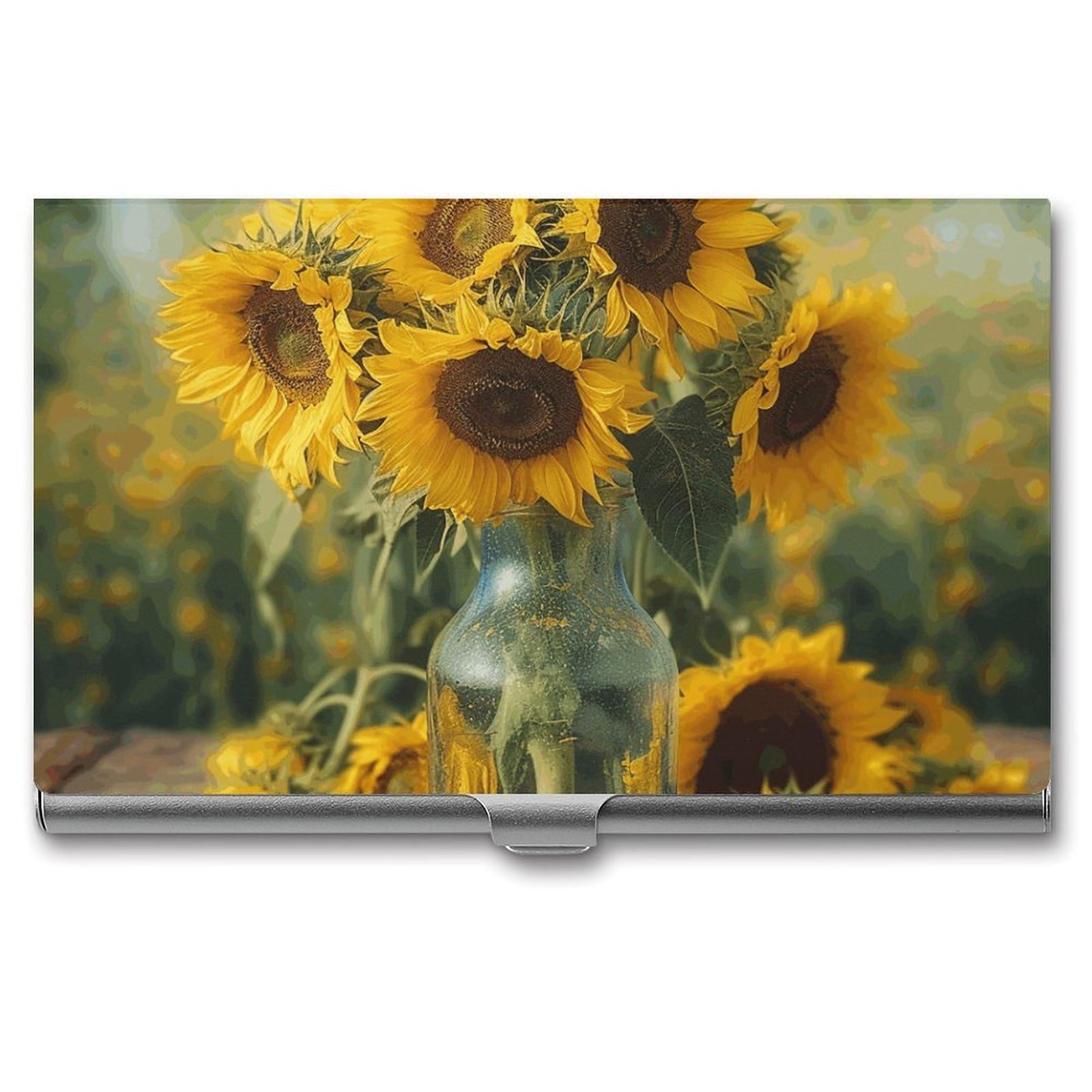 BTCOWZRV Bottle of Sunflowers Business Card Holder Metal Slim Business Card Case, Pocket Card Holder for Men Women Purse Name Card Holder Stainless Steel Wallet Credit ID Case for Office