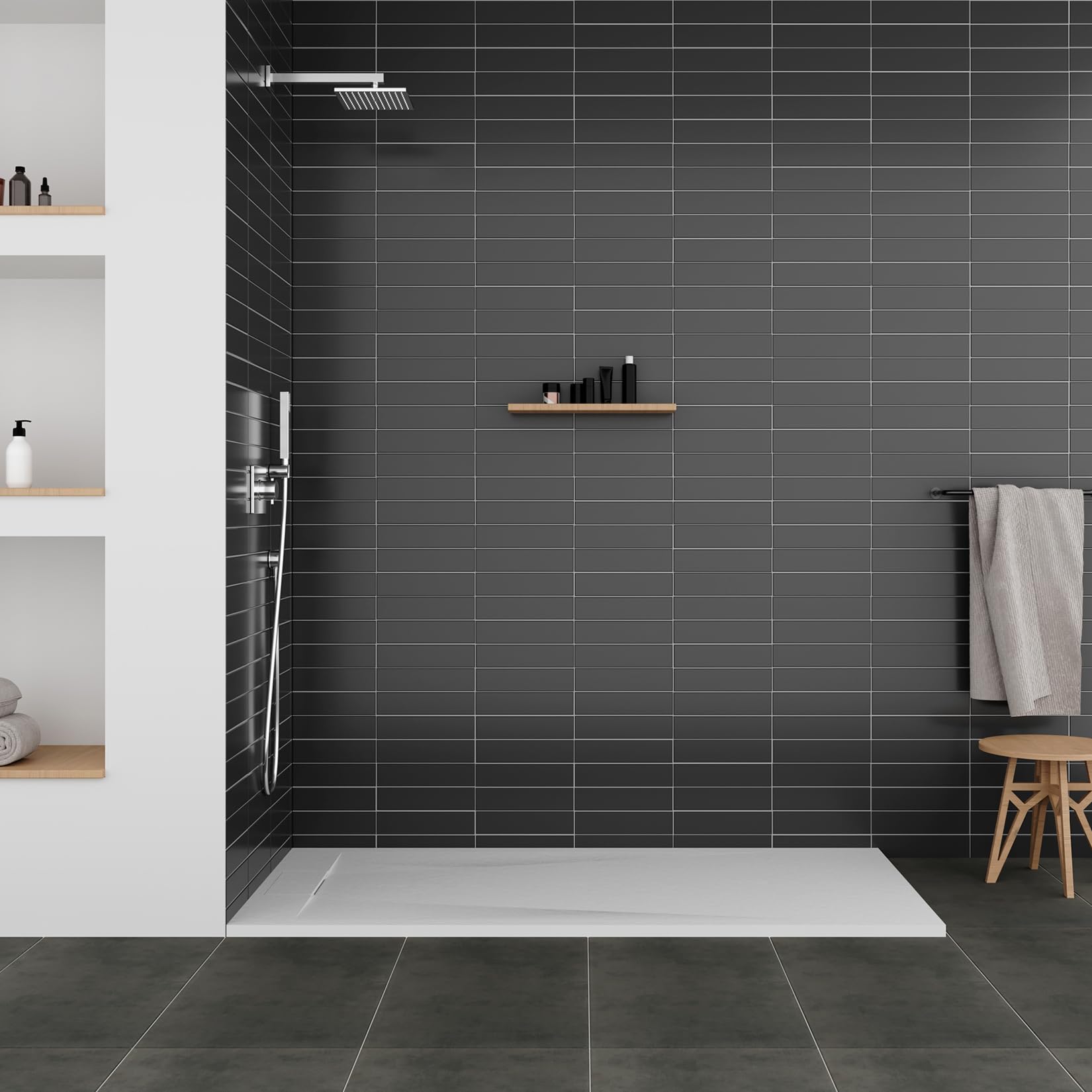 POLAR Receveur de douche blanc extra-plat antidérapant texture pierre 90 x 120 cm + bonde