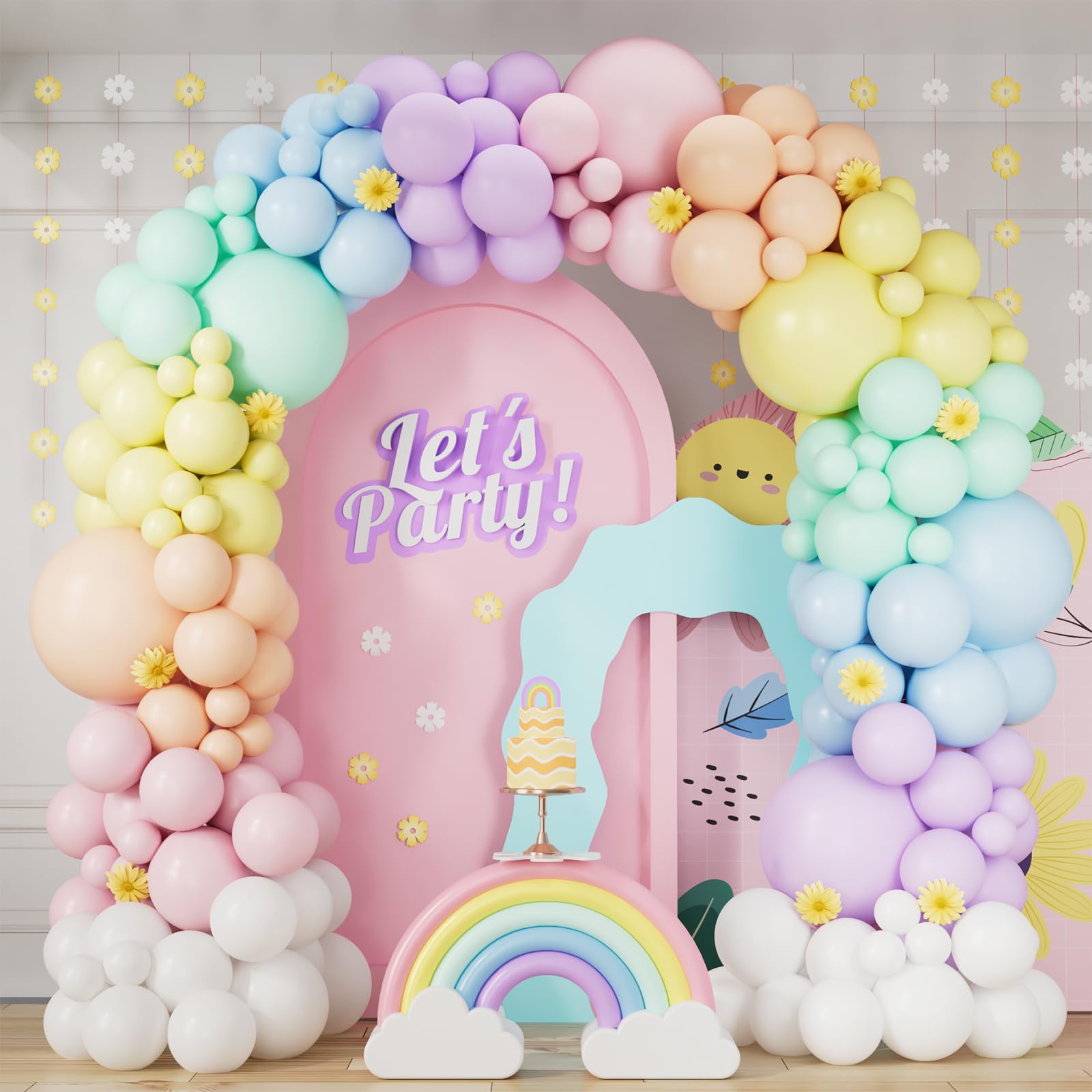 163Pcs Pastel Rainbow Balloon Arch Garland kit with Assorted Color Balloons Pastel Blue Pink Orange Green Yellow Purple and White Balloons for Easter LGBT Wedding Unicorn Birthday Party Supplies