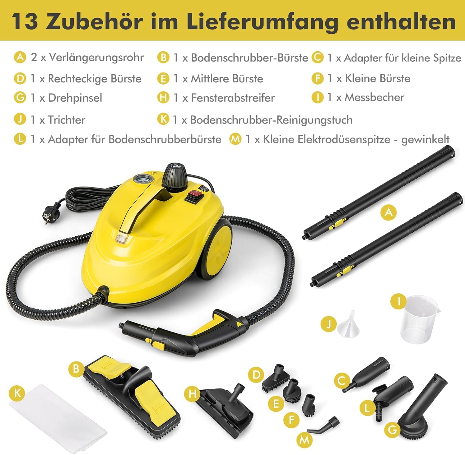 FANTASK Pulitore a vapore da 2000 W con 13 accessori, pressione del vapore: max. 5 bar, temperatura: fino a 160 ℃, potenza superficie: 108 m², serbatoio: 1,8 l, tempo di riscaldamento: 8 minuti