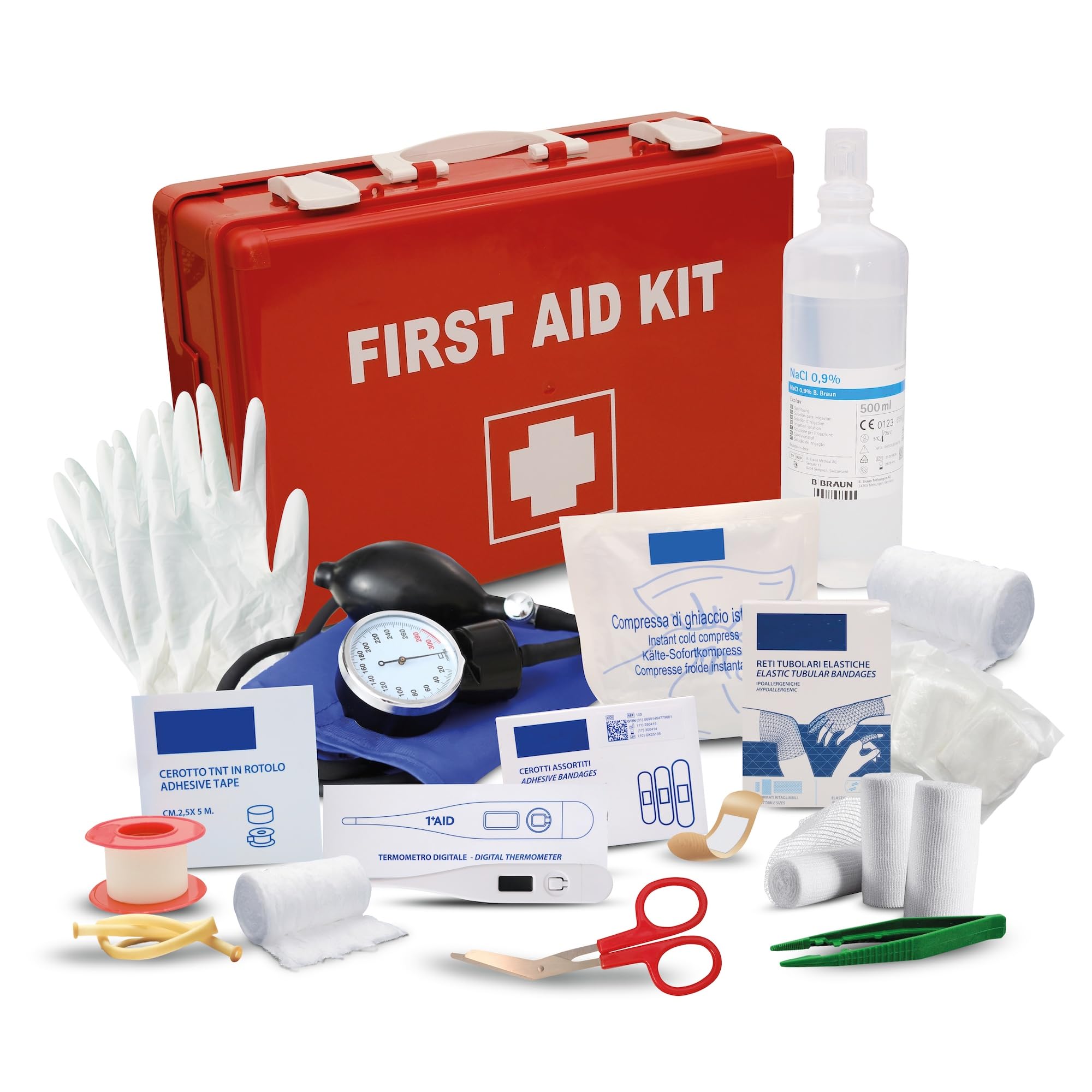DETERMONDO Kit Pronto Soccorso con Allegato 1 Conforme al DM 388/DL81 per Aziende oltre 3 Dipendenti Cassetta Rigida con Staffa da Muro Formato Professionale Made in Italy
