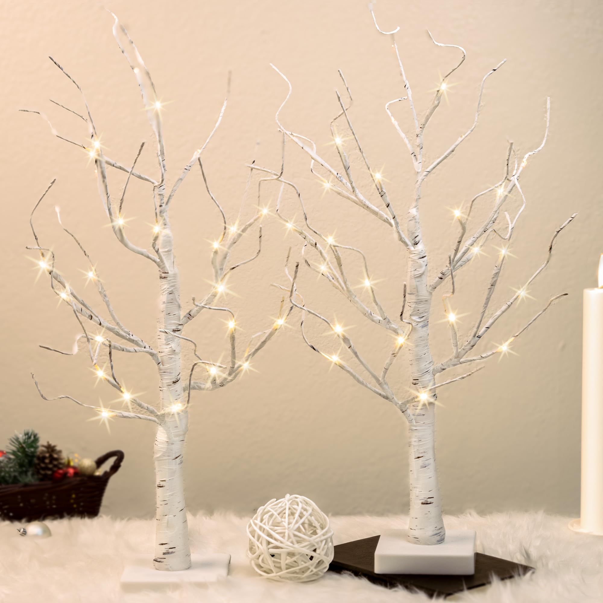 Easter Tree Lighted Birch Tree with Led Lights | USB/Battery Operated | Easter Egg Tree Tabletop Decorations, 2FT 24 LEDs Warm White Lighted Trees for Decoration Inside 2Pk