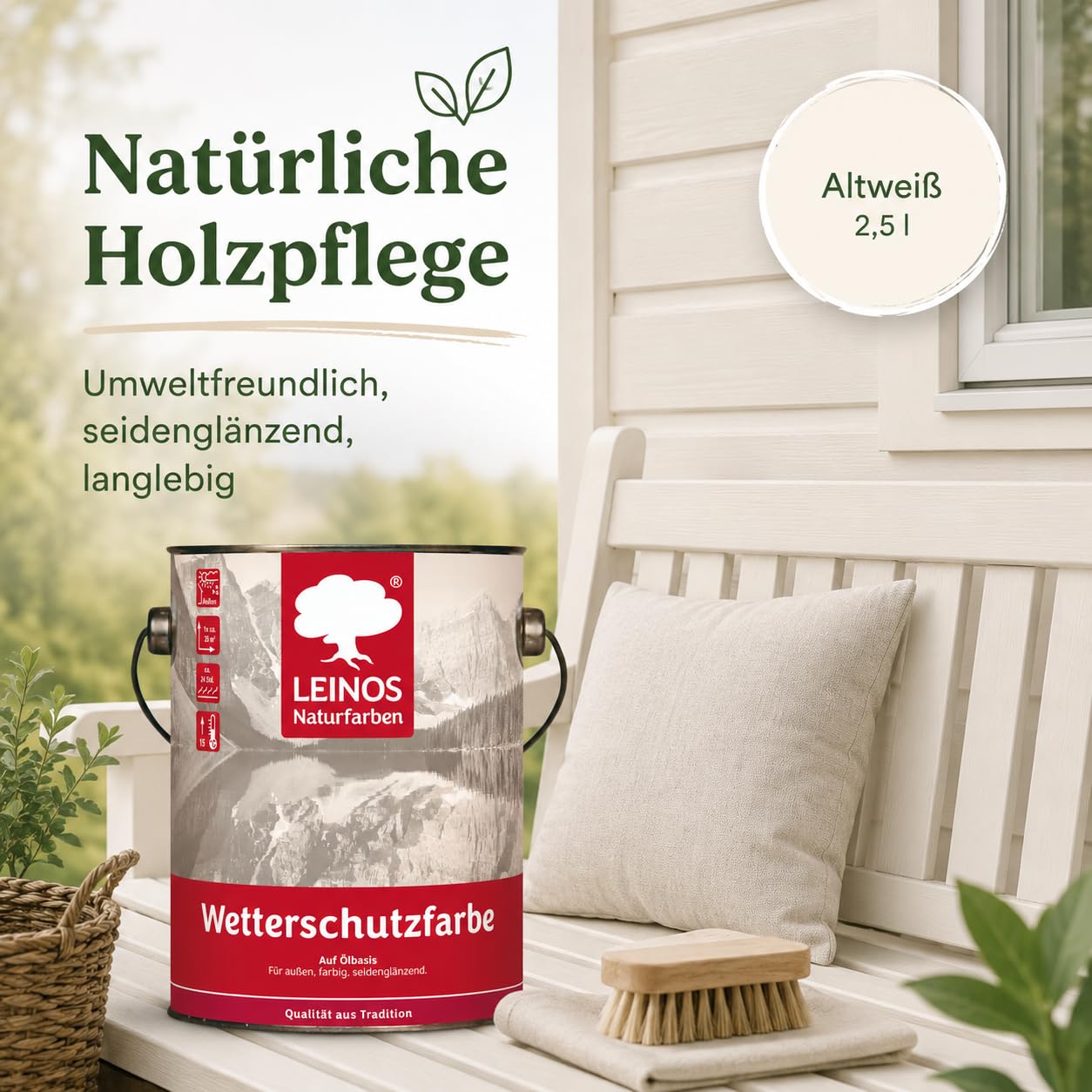 LEINOS Wetterschutzfarbe 2,5 l | Altweiß Holzlasur für Holzfassaden Fenster Gartenhäuser | wetterbeständige Deckfarbe, effektive Versiegelung, langanhaltender Schutz auf Ölbasis im Außenbereich