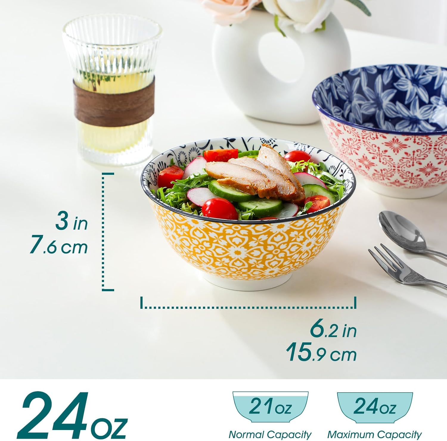 vancasso SELENE 24 oz Cereal Bowls set of 6, Ceramic Soup Bowls for Kitchen, Dishwasher & Microwave Oven Safe- for Cereal, Soup, Pasta, Salad, Vivid Floral Design Bowl Set