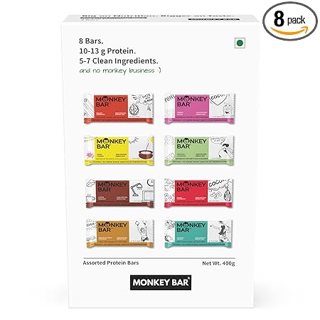 MONKEY BAR - Assorted Protein Bars - 8 Bars, 50g each, 10-13g Protein, Healthy & High Protein Snack, No Added Sugar, 5-7 All Natural Ingredients, 8 Delicious Flavours, Clean Energy