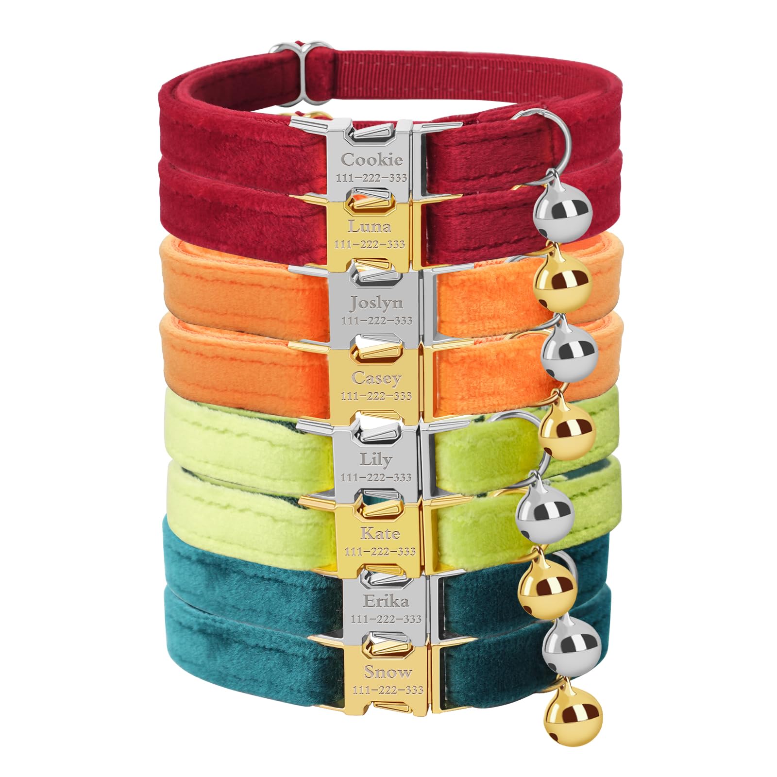 Personalized Cat Collar with Name Plate,Adjustable Tough Nylon Cat ID Collars with Bell,Customize Engraved Pet Name and Phone Number (Velvet Style D)