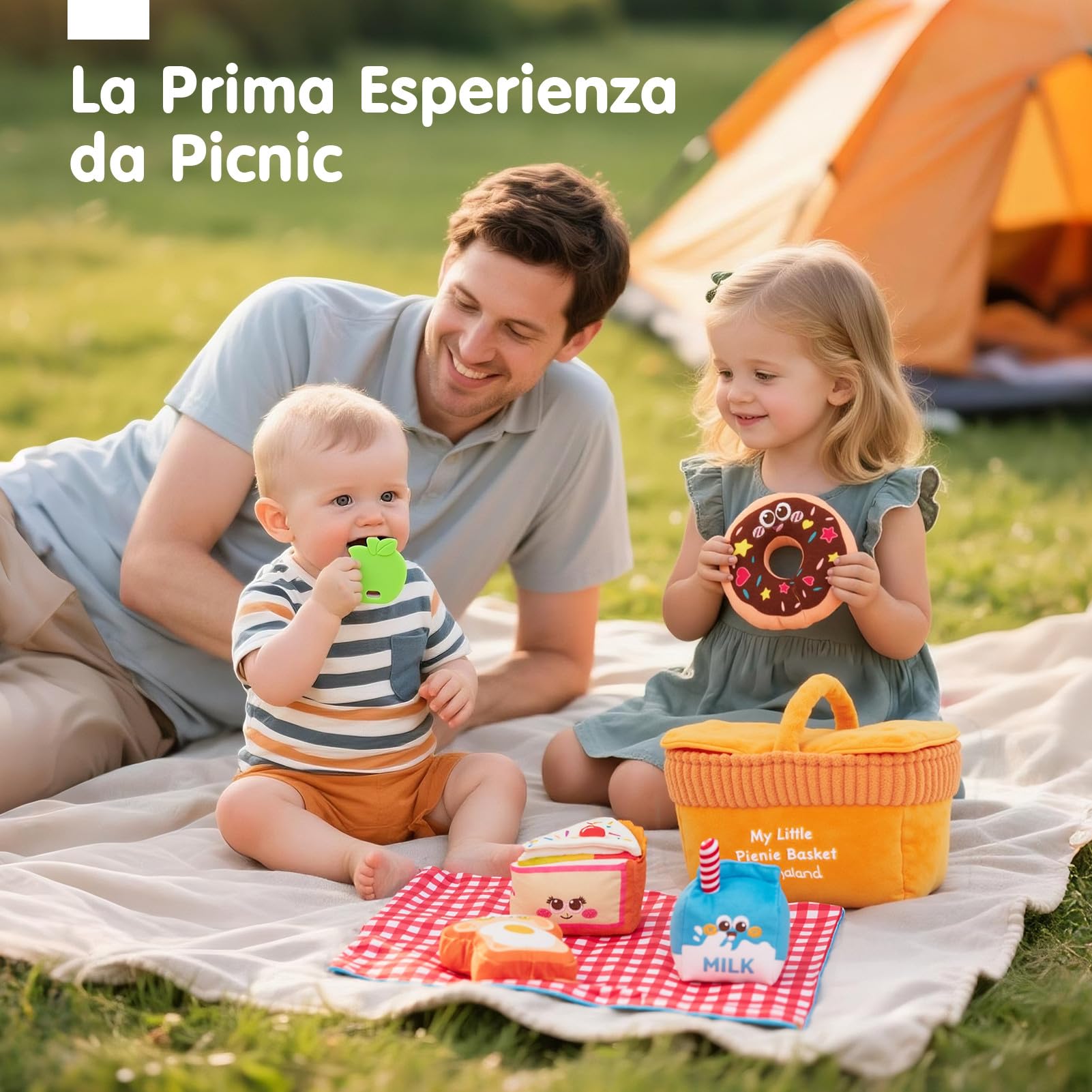 hahaland Giochi Sensoriale Neonato 6-12 Mesi, Kit da Picnic in Stoffa con Sonaglio/Specchio, Cestino da Picnic Morbido Gioco Educativo per Bimbo Bimba Montessori 6 Mesi, Regalo Bambini 1 Anno