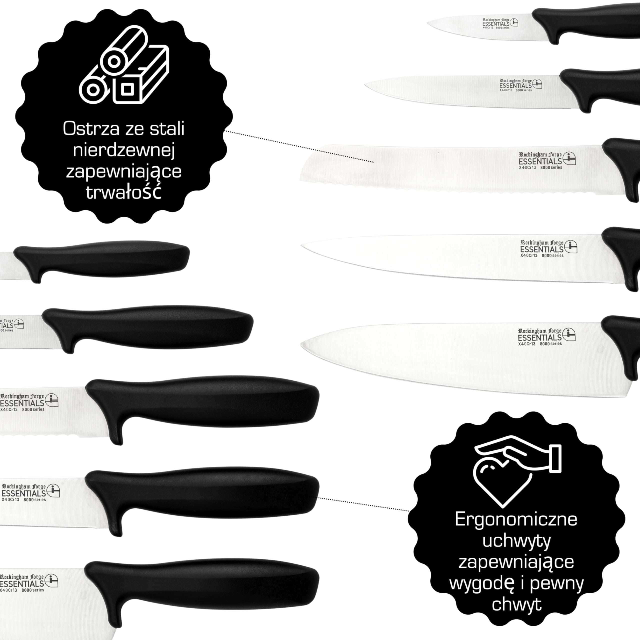 Rockingham Forge 8007 Essentials Range 7-Częściowy Zestaw Noży w Bloku, Stal Nierdzewna, Czarne Uchwyty, 5 Noży, 1 Para Nożyczek i 1 Blok