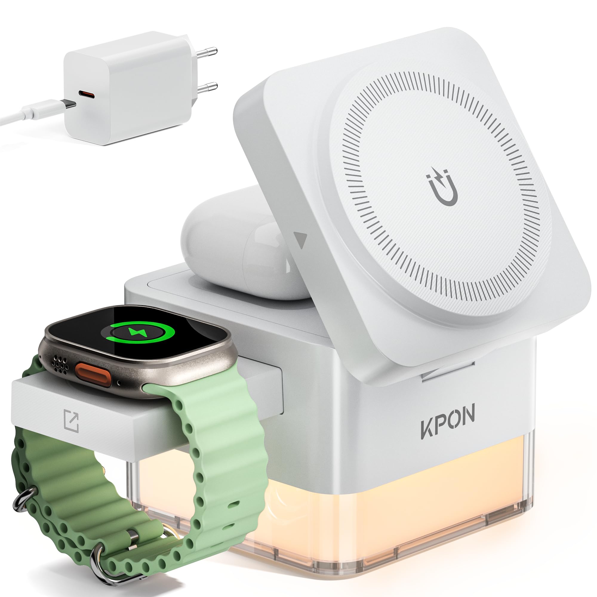 KPON Ladestation Apple Watch und iPhone für Magsafe, 3-in-1 Cube Induktive Ladestation mit Magsafe Ladegerät, Kompatibel mit iPhone 17 16 15 14 13 12 Air/Pro Max,für Apple Watch 11/10/9 (weiß)
