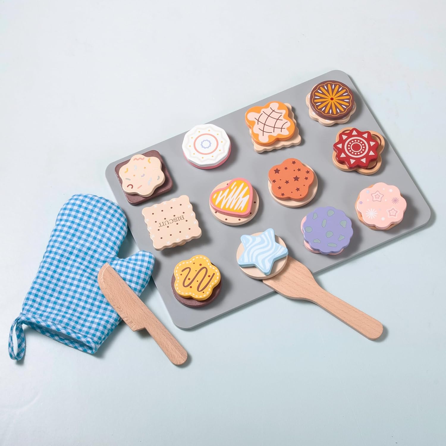 28pcs Wooden Cookie Maker Toy Kitchen Accessories, Kids Play Kitchen Cutting and Baking Food Toys Cookies Bakery Playset, Toddler Pretend Play Toy Food Set Boys and Girls Birthday Gift - Image 4