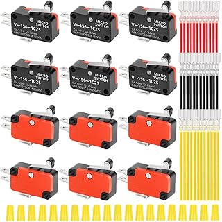 MKBKLLJY 12Pcs Lead Limit Switch Short Hinge Roller Lever Arm 13.5mm/0.53inch,1NO 1NC SPDT 3Pin Momentary Snap Action Micro Switch for Arduino with 36Pcs Terminal Wires and 20Pcs Wiring Caps
