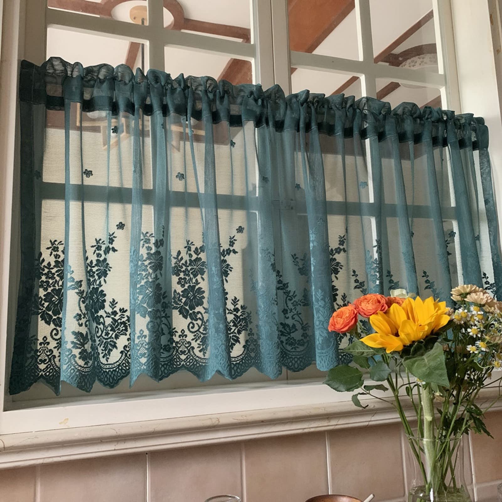 A.Monamour Corta Voile Trasparente Verde Scuro Con Ricamo Floreale - Tenda per Finestra Piccola, Cucina, Bistrot, Caffè - Mezza Mantovana a Pannello per Porta