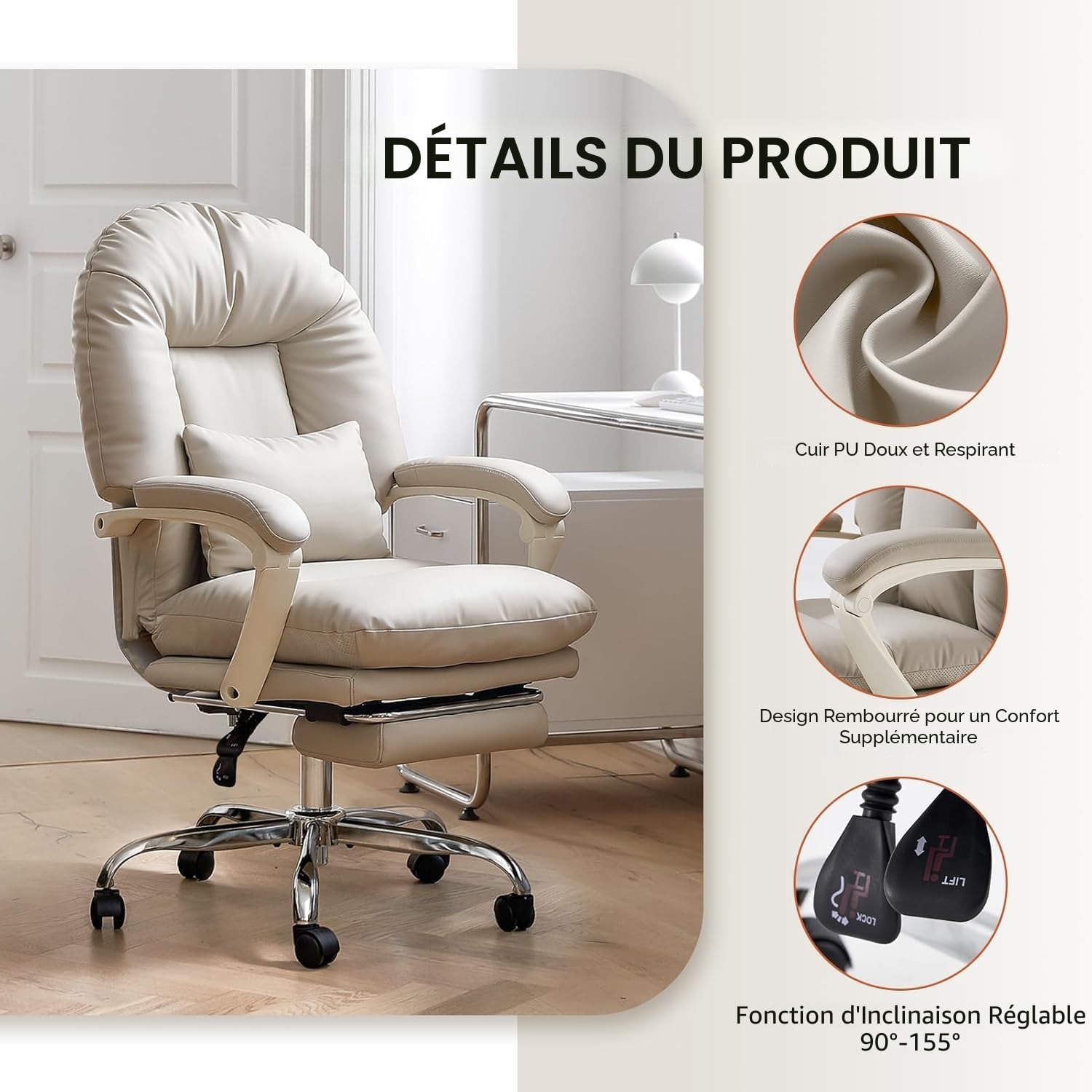 EMIAH Fauteuil de Bureau Ergonomique avec Repose-Pieds, Chaise de Bureau Inclinable en Cuir PU, Siège Pivotant Moderne Confortable avec roulettes, Chaise d'ordinateur Mi-Dossier pour la Maison, Beige