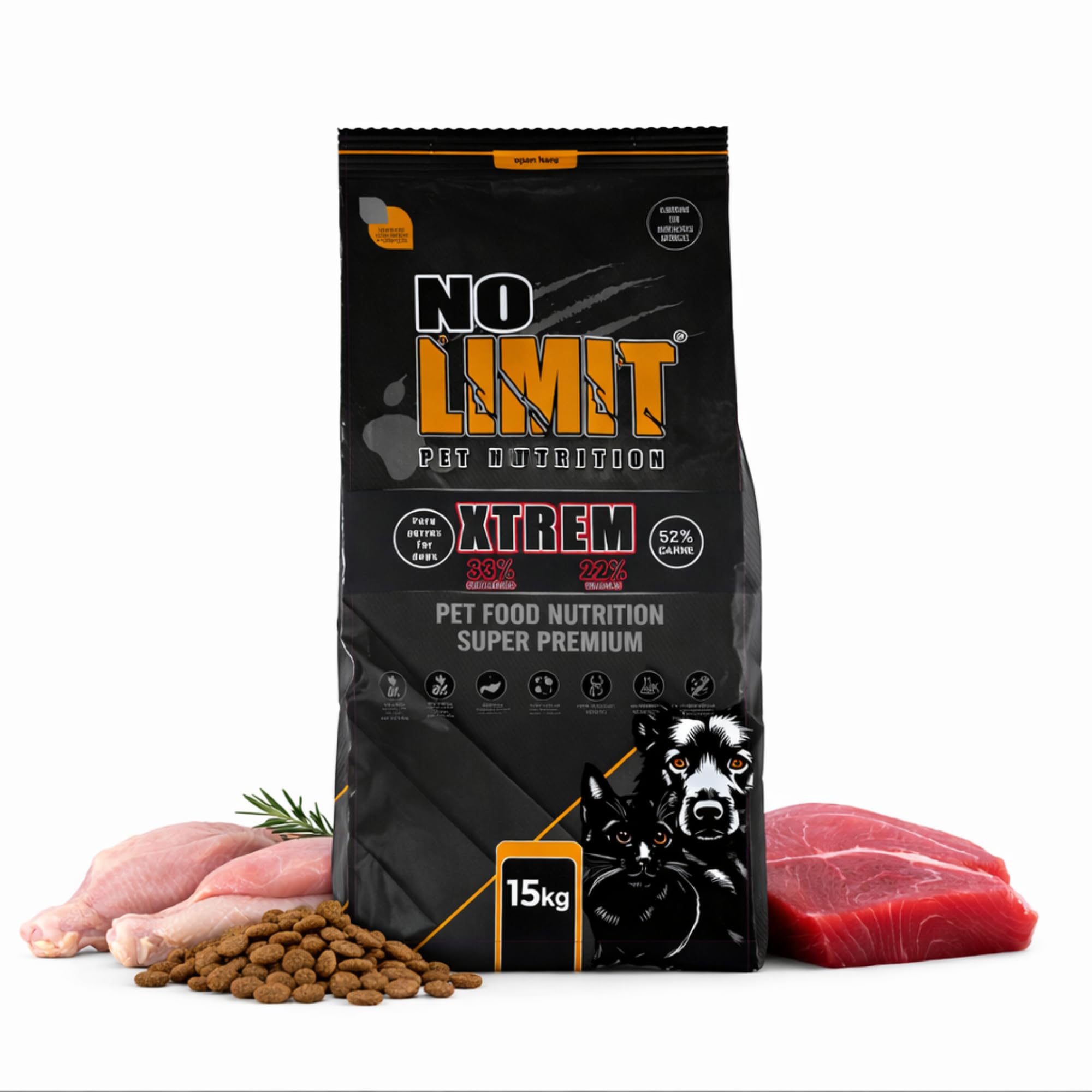 NO Limit XTREM Pienso para Perros 15kg – Alta Energía con Pollo, Pato y Atún – Comida Natural para Perros Activos con Omega 3 y Condroprotectores – Dog Food Premium Alto en Proteínas