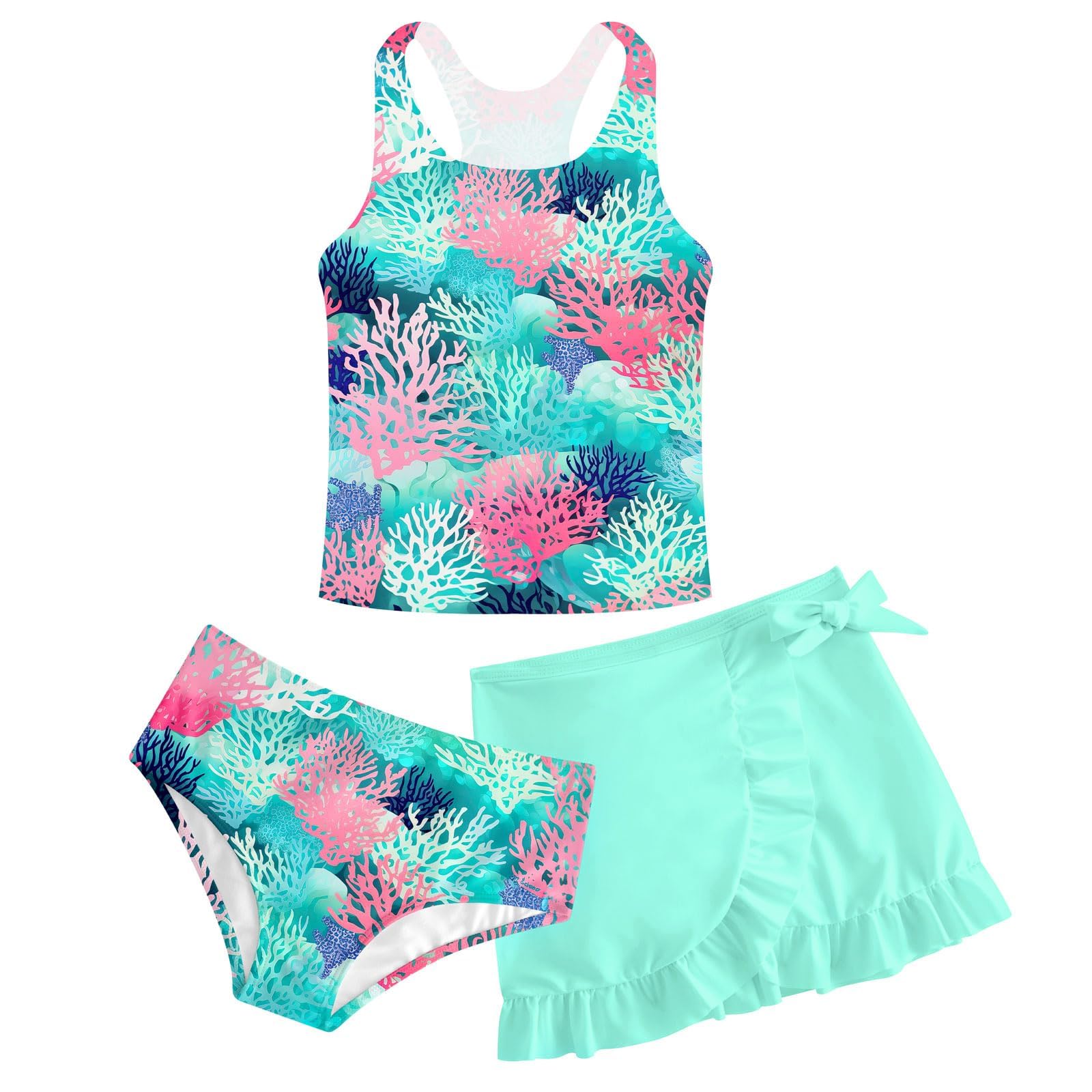 Girls Swimsuit 3 Piece Bathing Suit Quick Dry Tankini Set with Cover Up Beach Skirt Tankini Swimwear 5-16 Years