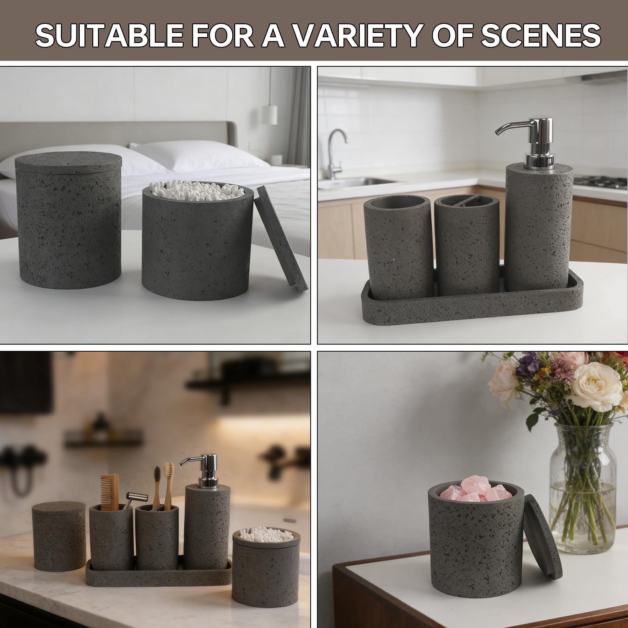 Set de Baño de 6 Piezas - Juego Accesorios Baño con Dispensador de Jabón, 2 Soportes para Hisopos, Soporte para Cepillo de Dientes, Vaso de Baño y Bandeja de Tocador - Poliresina, Aspecto Gris