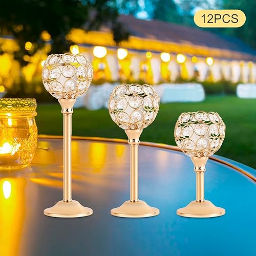 Miniatura 8 de Paquete de 12 portavelas de cristal dorados portavelas decorativo para jardín patio bares centros de mesa de Navidad
