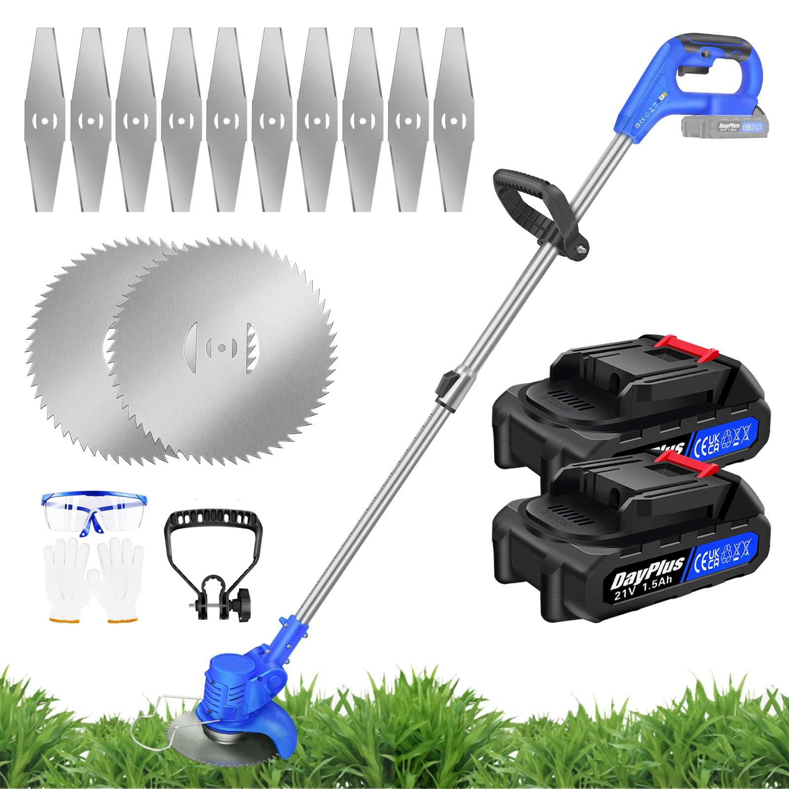 Metal Blade Cordless Strimmer Lightweight Grass Trimmers With 10 Metal Blades, 2 Saw Disc, 2 1500mAh Batteries, 15cm Cutting Diameter, Adjustable Height and Cutting Head, For Lawn Garden