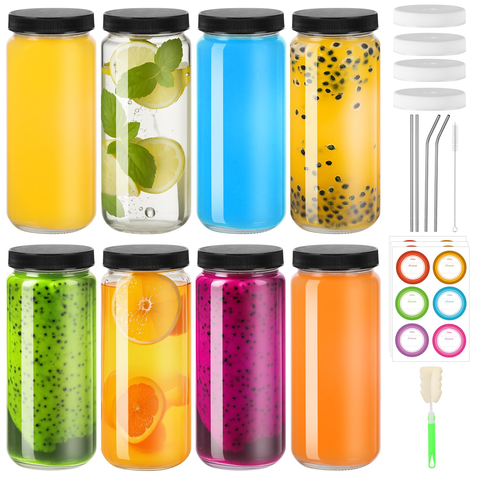BIGIVACA 16 oz Glass Juice Bottles with Lids, 8 Pack Reusable Juicing Glass Bottle, Juice Bottles for Juicing, Kombucha, Smoothie, Coffee, Tea, Milk