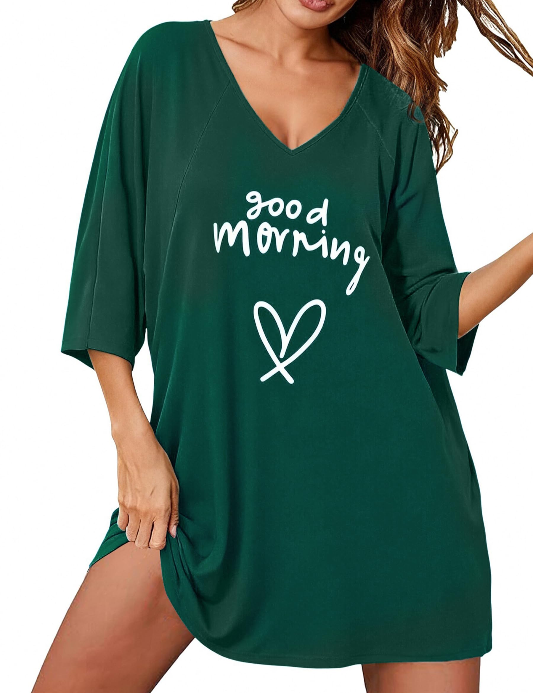 Uniexcosm Nachthemd Damen 3/4 Ärmel Schlafshirt Baumwolle Nachtwäsche mit Spitze Sleepshirt Oversize Lässige Sleepwear