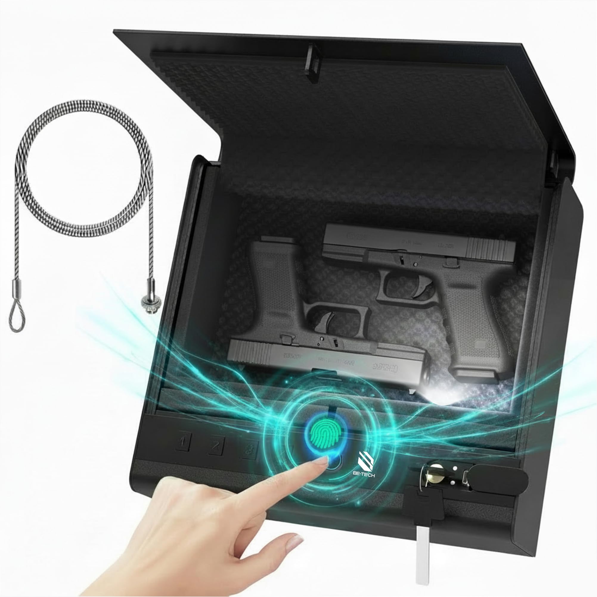 BE-TECH Biometric Gun Safe for Handgun, 3-Way Quick Access Fingerprint Pistol Safe Gun Lock Box, 3 MM Alloy Steel Hand Gun Safes with Cable Sponge for Home, Bedside Nightstand Drawer Bedroom and Car