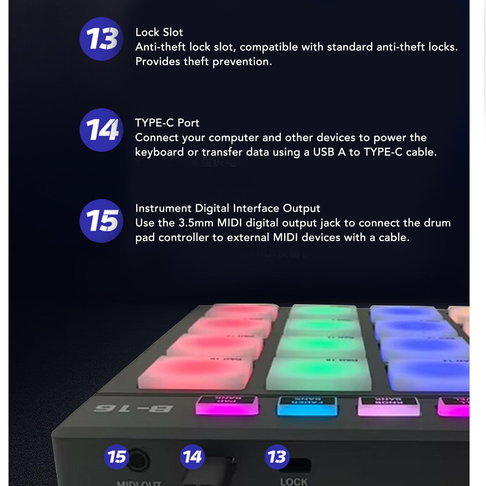 MIDI Controller Pad, Teclas Personalizables, con 16 Almohadillas de Batería RGB, 2 Fader, 2 Perillas, Almohadilla de Batería MIDI Portátil, para Producción Musical