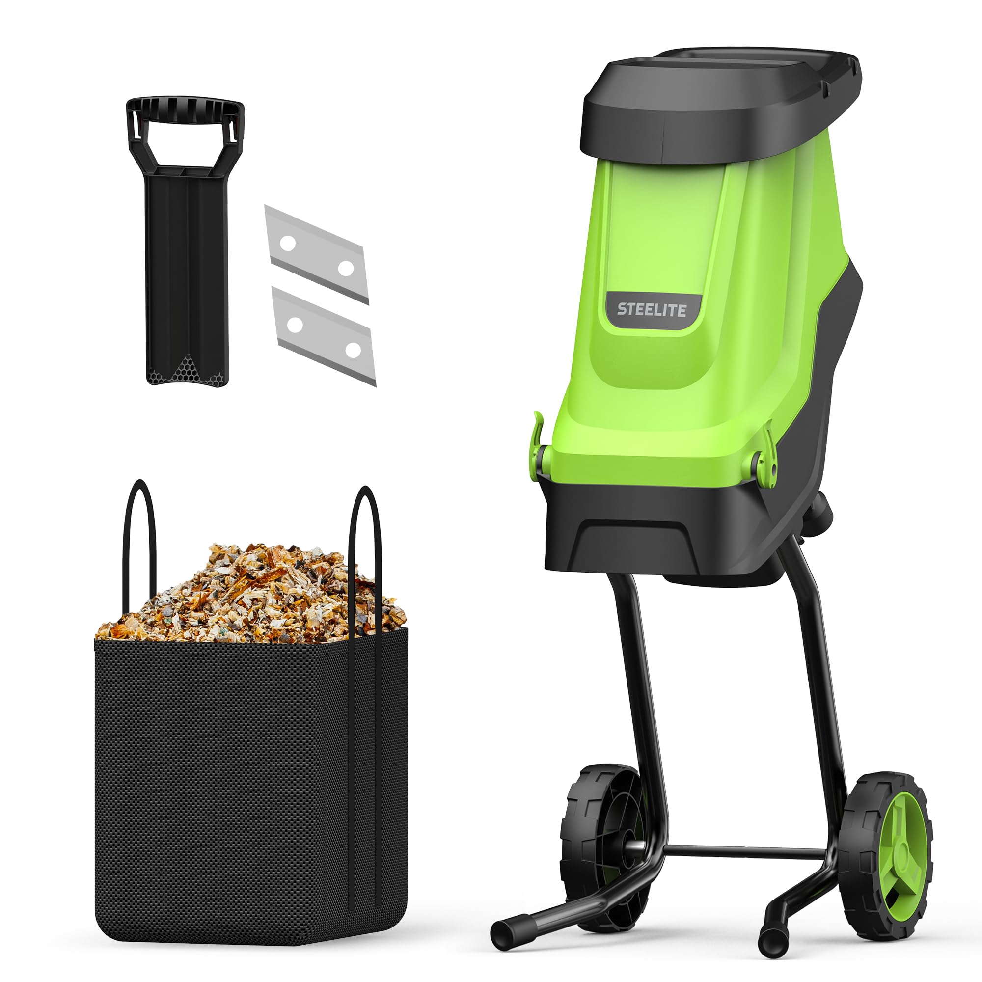 Steelite 15-Amp Electric Wood Chipper, 45L Collection Bag Chipper Shredder, 1.8" Cutting Diameter Mulcher with Max 15:1 Reduction, Dual Steel Blades for Easy Clean up Yard Waste and Branches