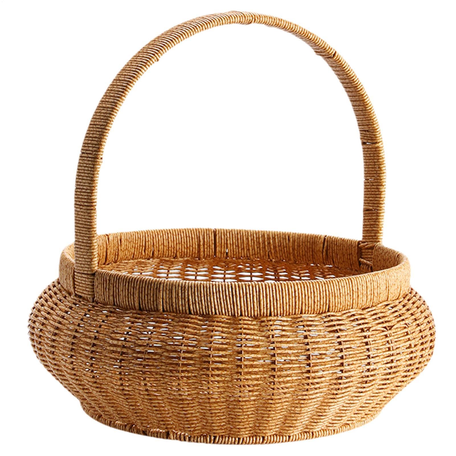 Woven Flower Basket - Organizer Na Żywność Z Wikliny Z Rączkami - Imitacja Rattanu Okrągły Pojemnik Dekoracyjny Do Przechowywania | Na Owoce Warzywa Chleb Serwowanie Dom Stół Piknik