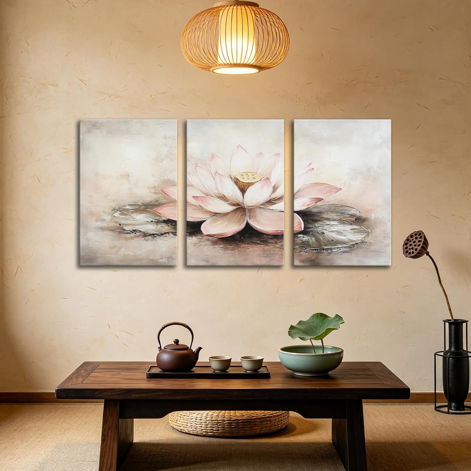 3Pcs Zen Lotus Flower Canvas Wall Art Pink Lotus Picture Wall Decor Watercolor Lily Floral Painting Poster Print Calming Spa Decor for Bathroom(Artwork-1,11"x14"x3pcs)