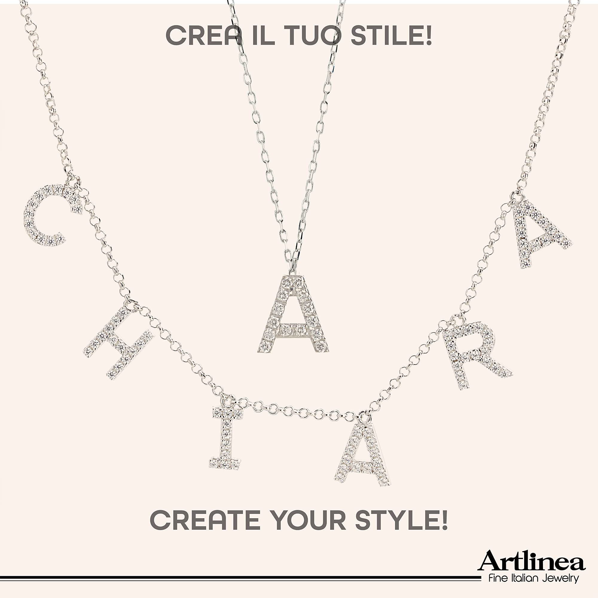 Artlinea, Collana in Argento 925 Sterling, Rodiato, Personalizzabile con Nome, Lettere o Simboli di Zirconi, Misura da 38 a 40,5 cm, Chiusura a Moschettone, Made in Italy