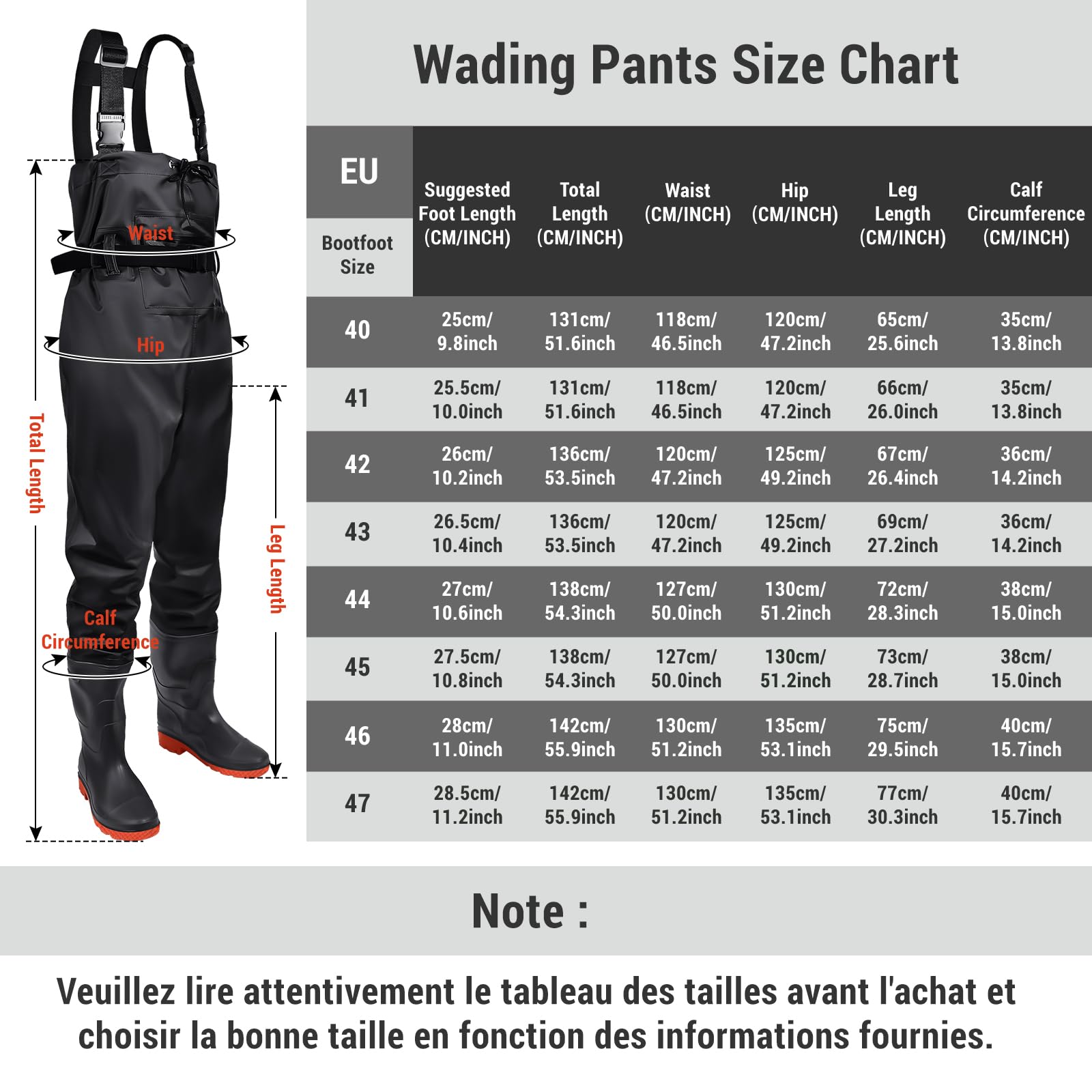 IEEILULU Waders Peche Homme, Waders Pantalons de Pêche avec Poche Poitrine, Pantalons de Waders Nylon avec Bottes 40-47, Waders Peche Antidérapants Cadeau pour Amateurs de Pêche e Sportive