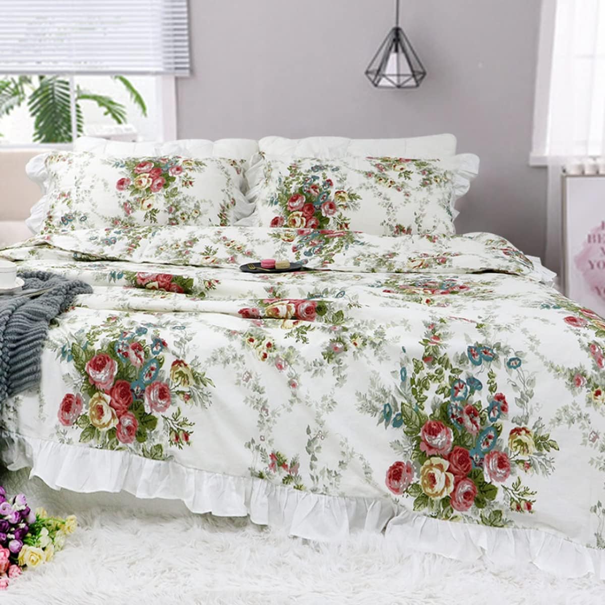 FADFAY Shabby Floral Bedding 7 Pcs 100% Cotton Shabby Vintage Rose Duvet Cover Flat Sheet Fitted Sheet Shams Elegant White Lace Ruffle Style Soft Hypoallergenic Garden Flower Bed Set