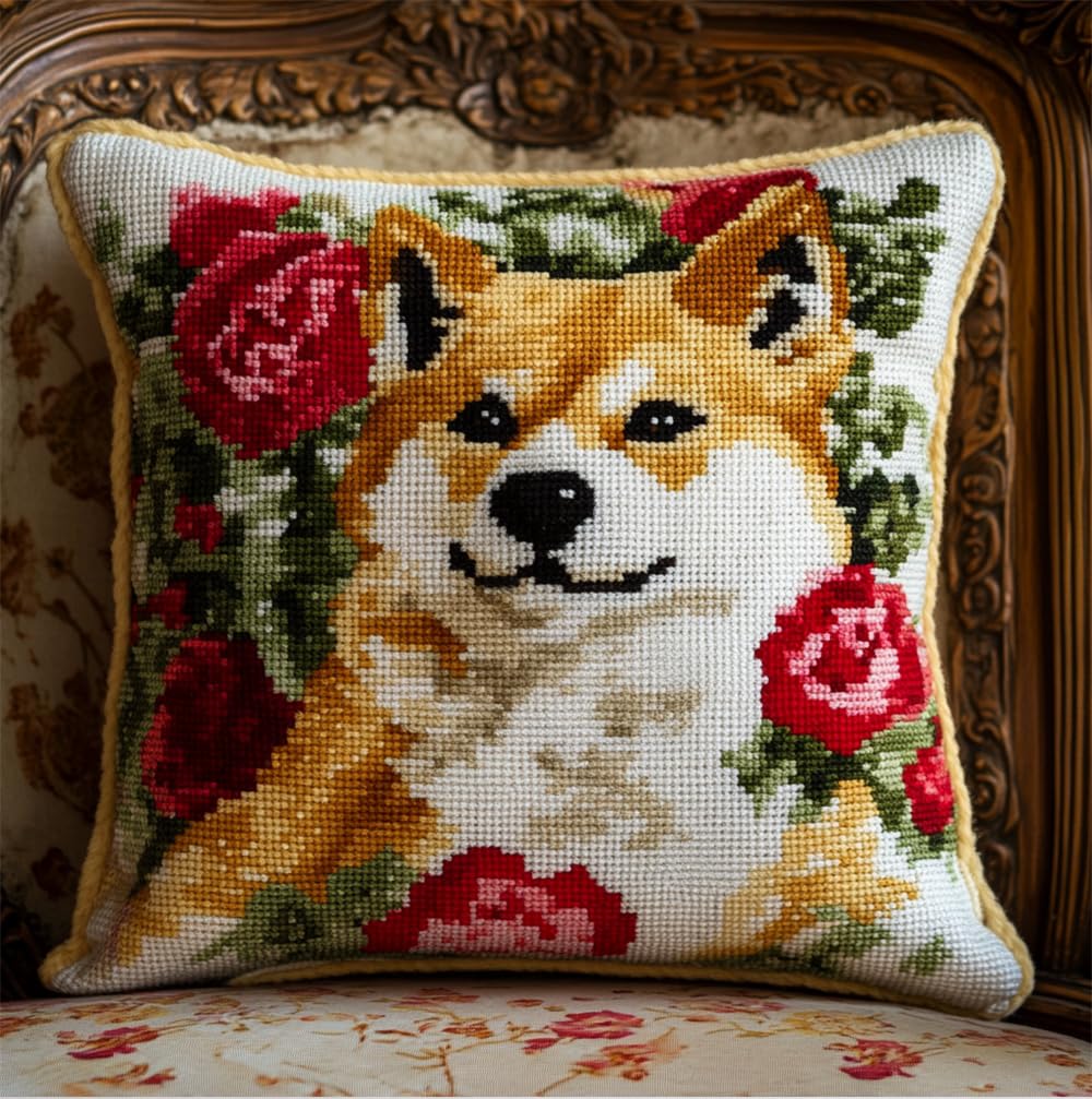 Hdfvlfdsa Stamped Cross Stitch Pillow Kits Shiba Inu and Roses 17.7X17.7In(45X45Cm) 11Ct Cross Stitch Cushion Cover Embroidery Kit Needlepoint Handmade Cushion for Home Decor