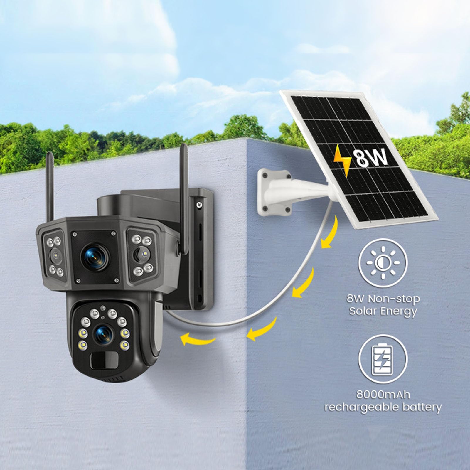 Cuifati Outdoor Solar Security Camera, 8MP Zasilany baterią Podwójny Obiektyw Kamera Bezpieczeństwa Wi -Fi z Wykrywaniem Ruchu PIR, 360 Stopni Widok Domowy Aparat do Zabezpieczenia Domu