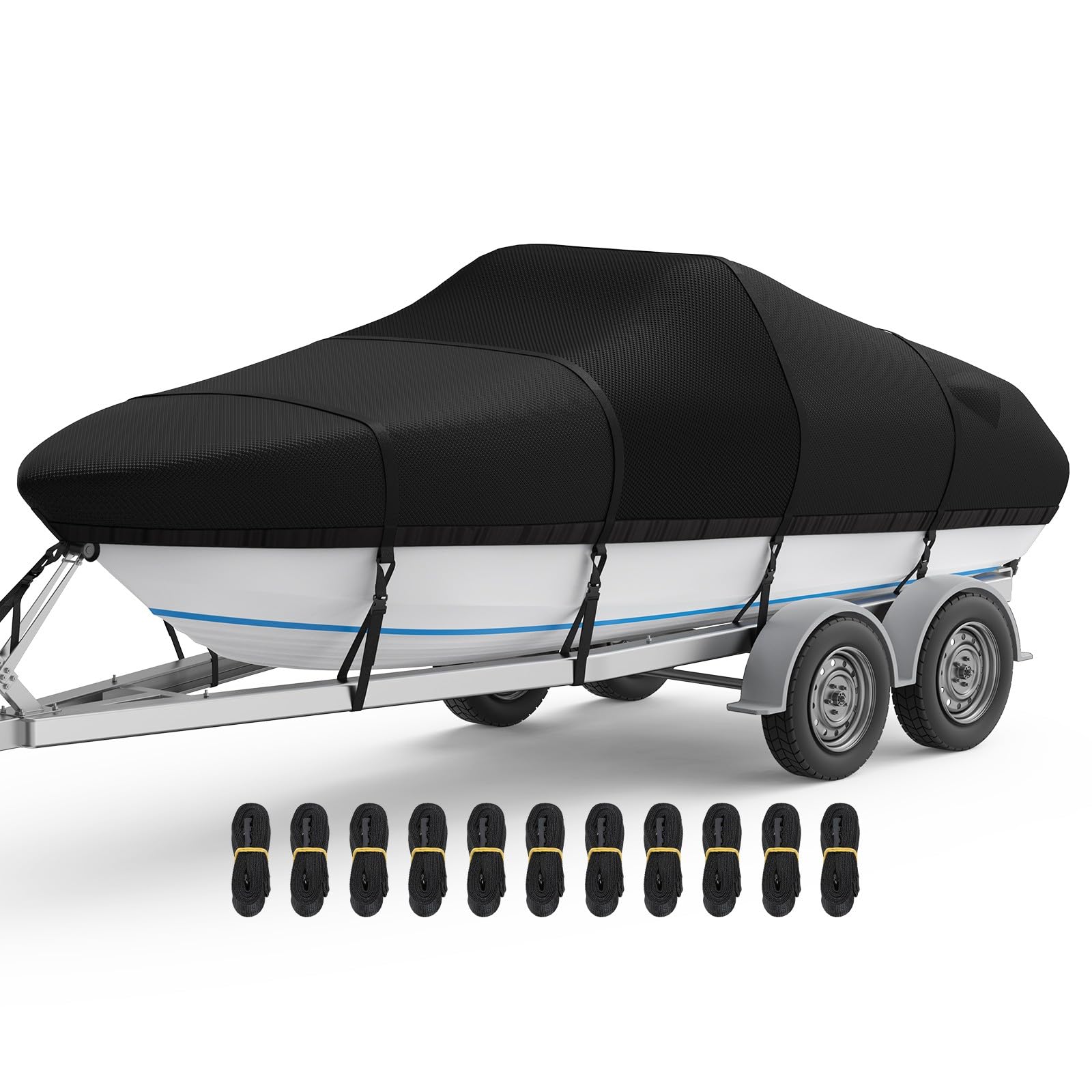 RVMasking Boat Cover, 1400D Heavy Duty Middle Reinforced, Waterproof Trailerable with Storage Bag for V-Hull, Tri-Hull, Fish & Ski, Runabout Bass Boat (17'-19' Long，Beam Width up to 96", Black)