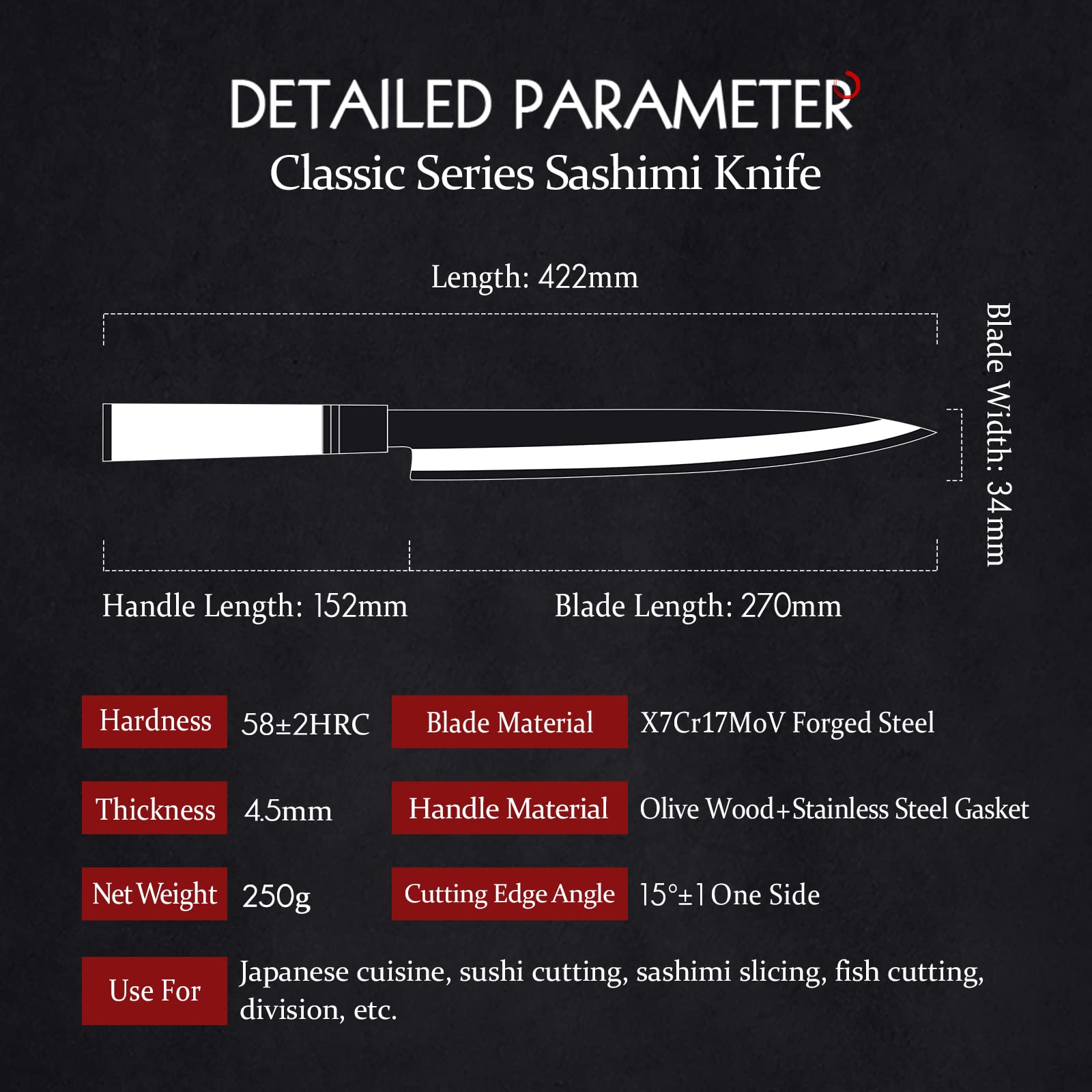 HEZHEN 27CM Coltello da Sashimi Stile Giapponese Acciaio Forgiato Yanagiba, da Sushi, Sfilettare Affettare Salmone, Manico in Legno D'ulivo,Fodero in Legno