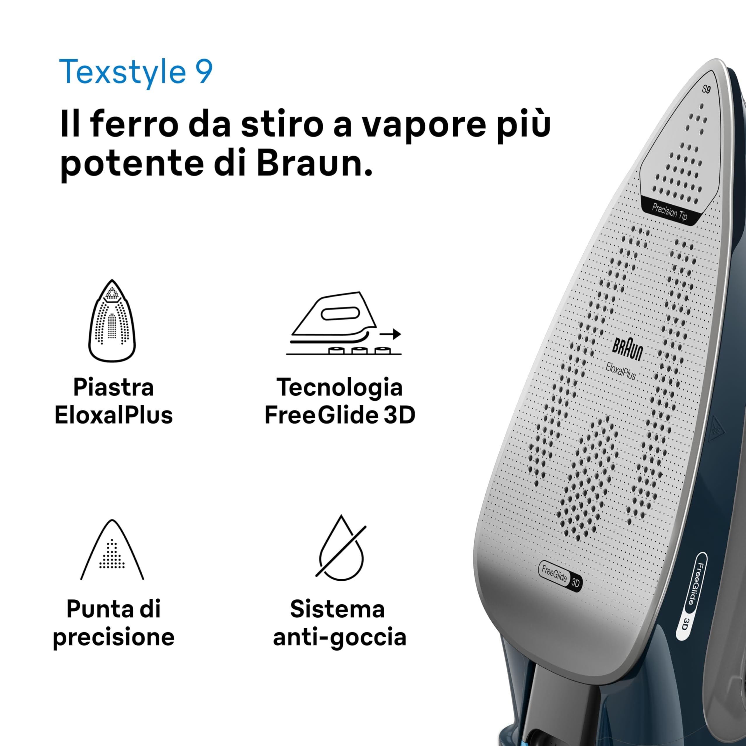 Braun TexStyle 9 SI9682DB Ferro da Stiro a vapore con 5 Anni di Assistenza, Colpo Vapore 260g/min, Modalità ECOMODE Risparmio Energetico, Piastra Freeglide 3D Eloxalplus, Serbatoio 330ml, Blu