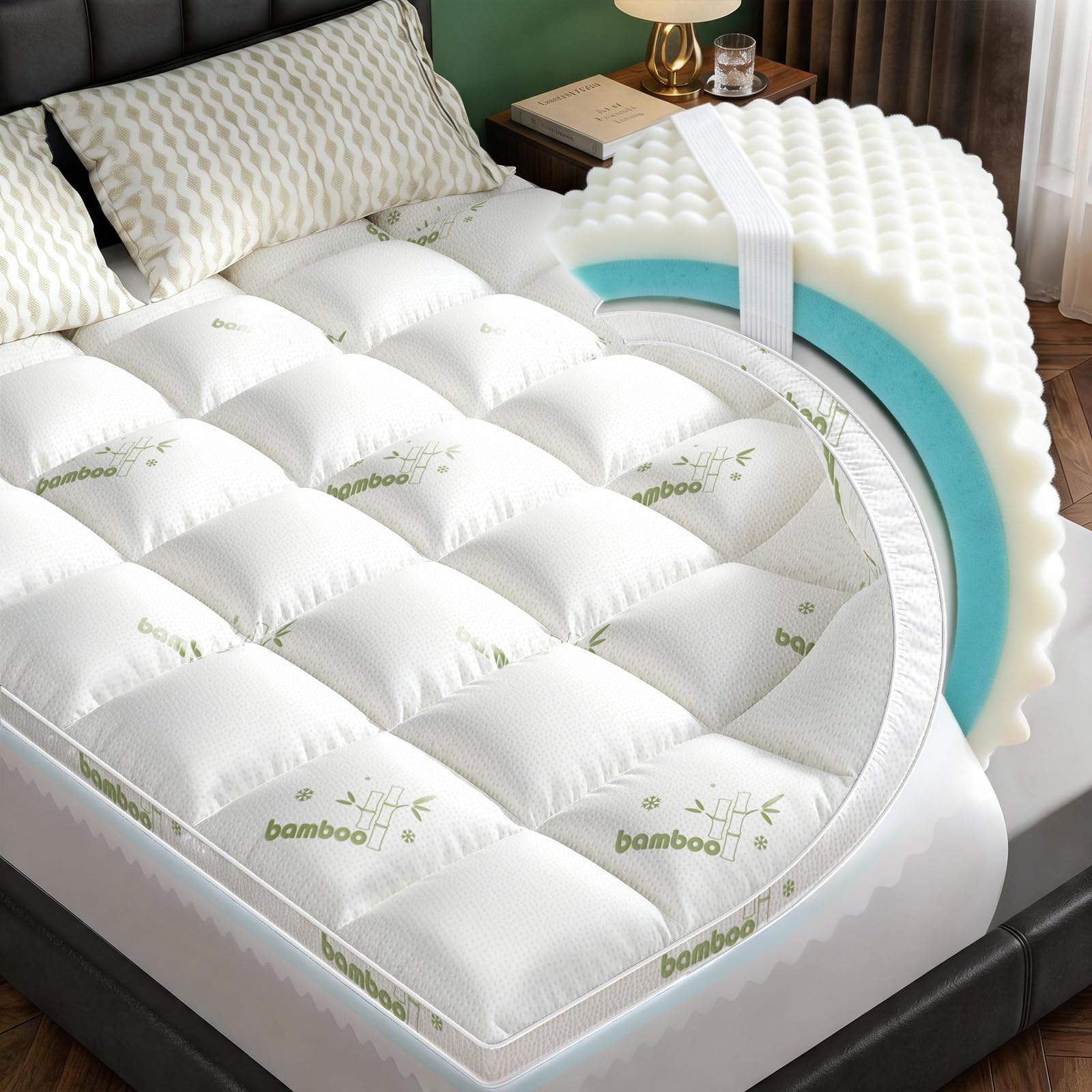 Photo 1 of Queen Mattress Topper, Dual Layer 4.5" Memory Foam Mattress Topper with 2" 1250GSM Cooling Mattress Pad (Breathable Viscose Made from Bamboo) & 2.5" Gel Memory Foam. Deep Pocket Comfort Bed Topper