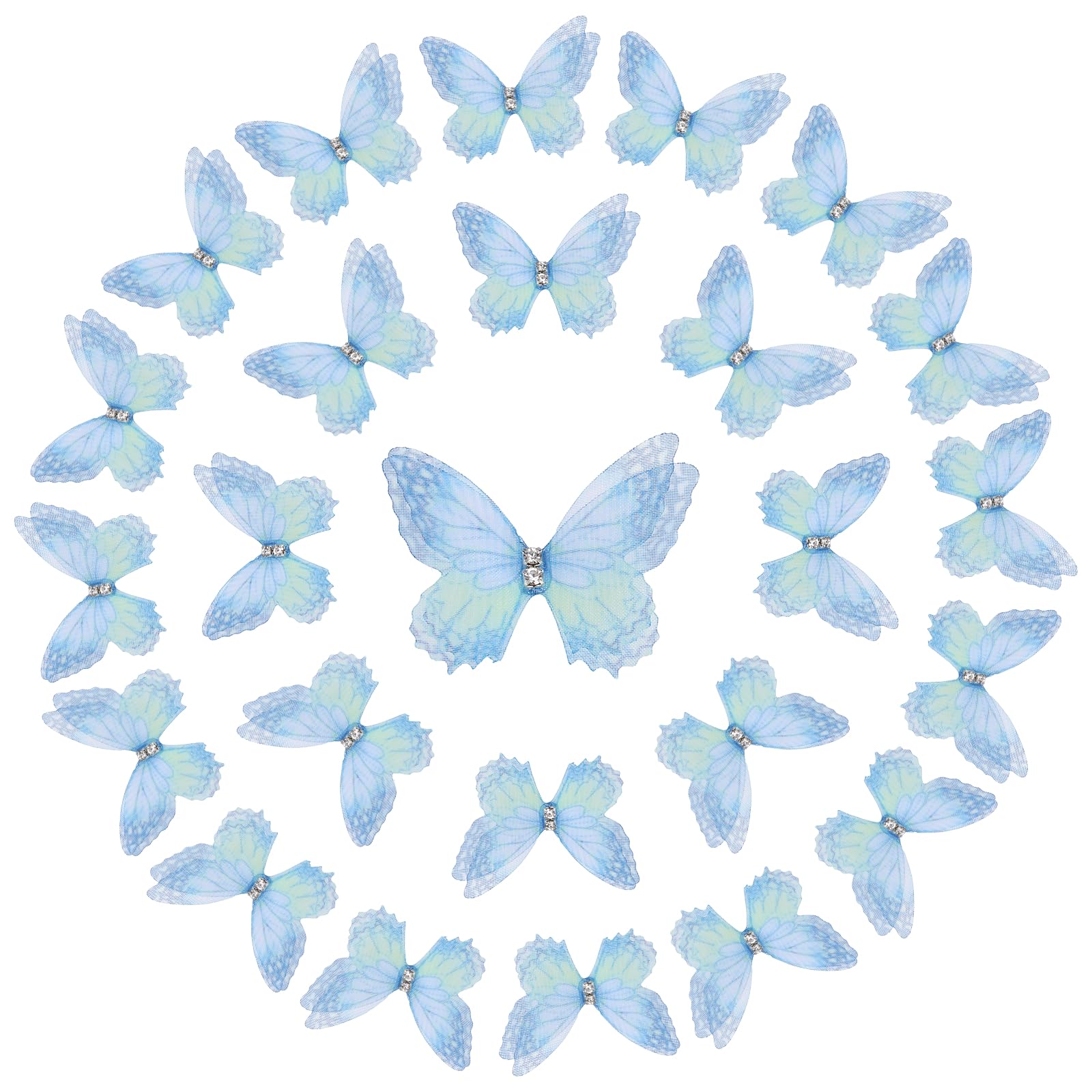 sourcing map 25 Pcs Sheer Mesh Butterfly Appliques, 4cm Two Layers Butterflies with Gem Applique Patch DIY 3D Craft Ornament for Wedding Party Home Decor Clothes, Blue-Green