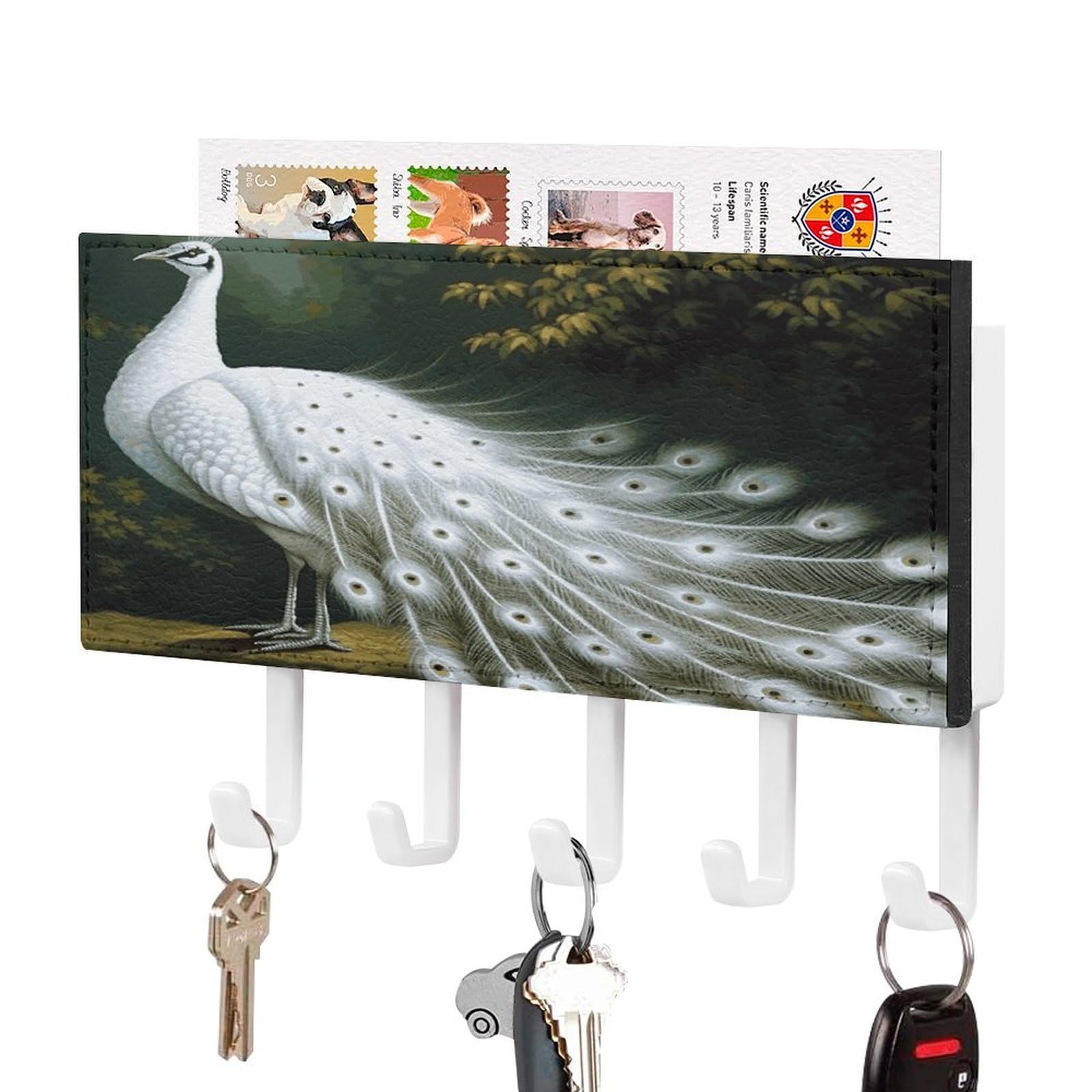 LDGSUPH White Peacock_78030696 Key Holder Wall Mount Key Hanger with 5 Hooks Fashion Key Organizer Rack Hanging Key Hooks with Mail Organizer Key Rack for Home Entryway Hallway White-Style