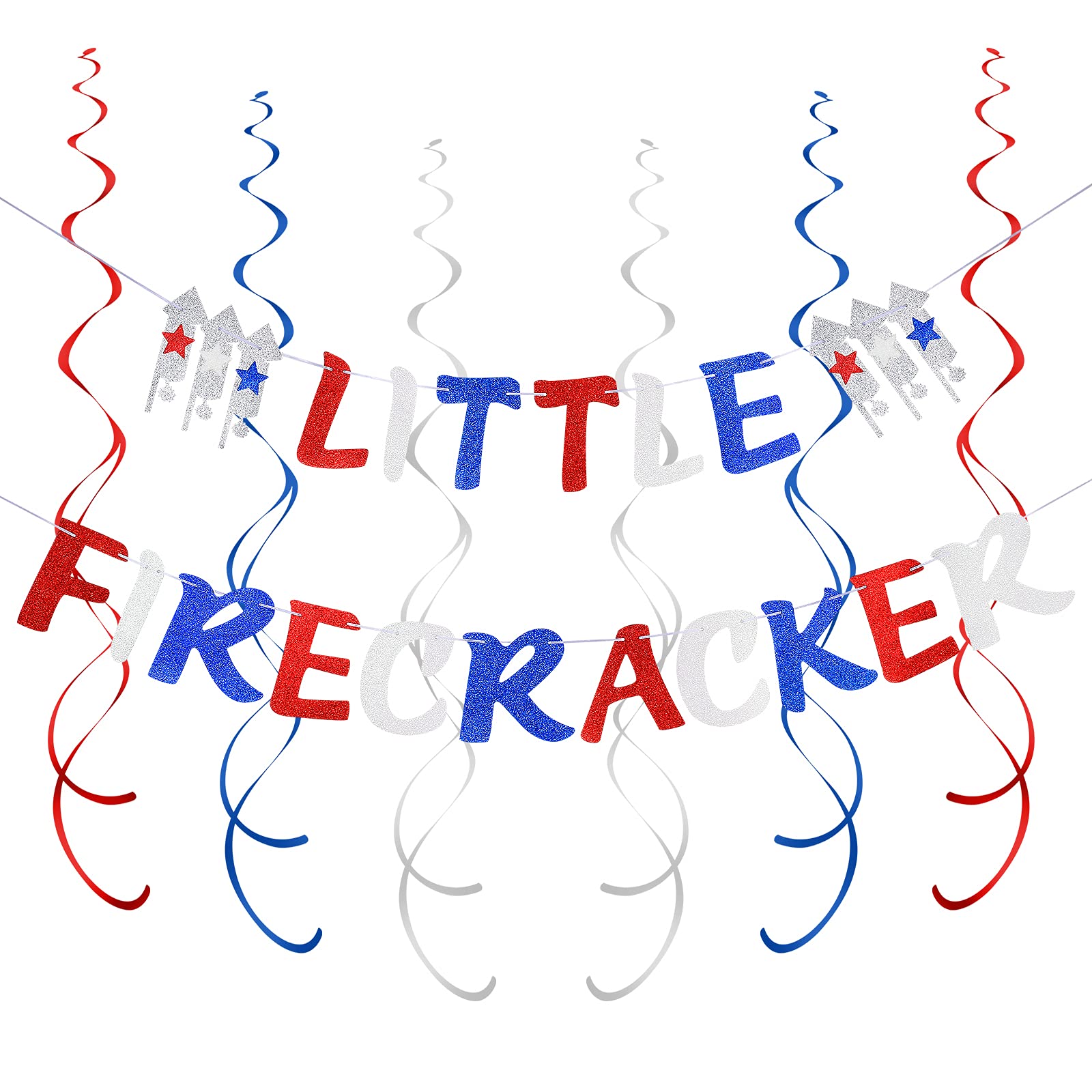 TeePolly Little Firecracker Banner For Patriotic 4th of July, Memorial Day, Independence Day Party Decorations (Red, Blue and White)