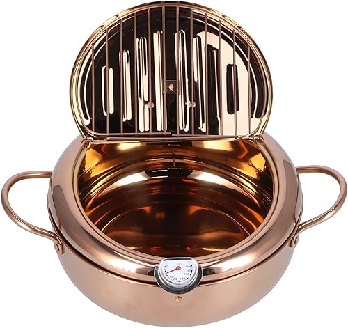 Olla de freidora de 3.4 L, estilo japonés, mini freidora de acero inoxidable con tapa de termómetro y escurridor de aceite para cocina, papas