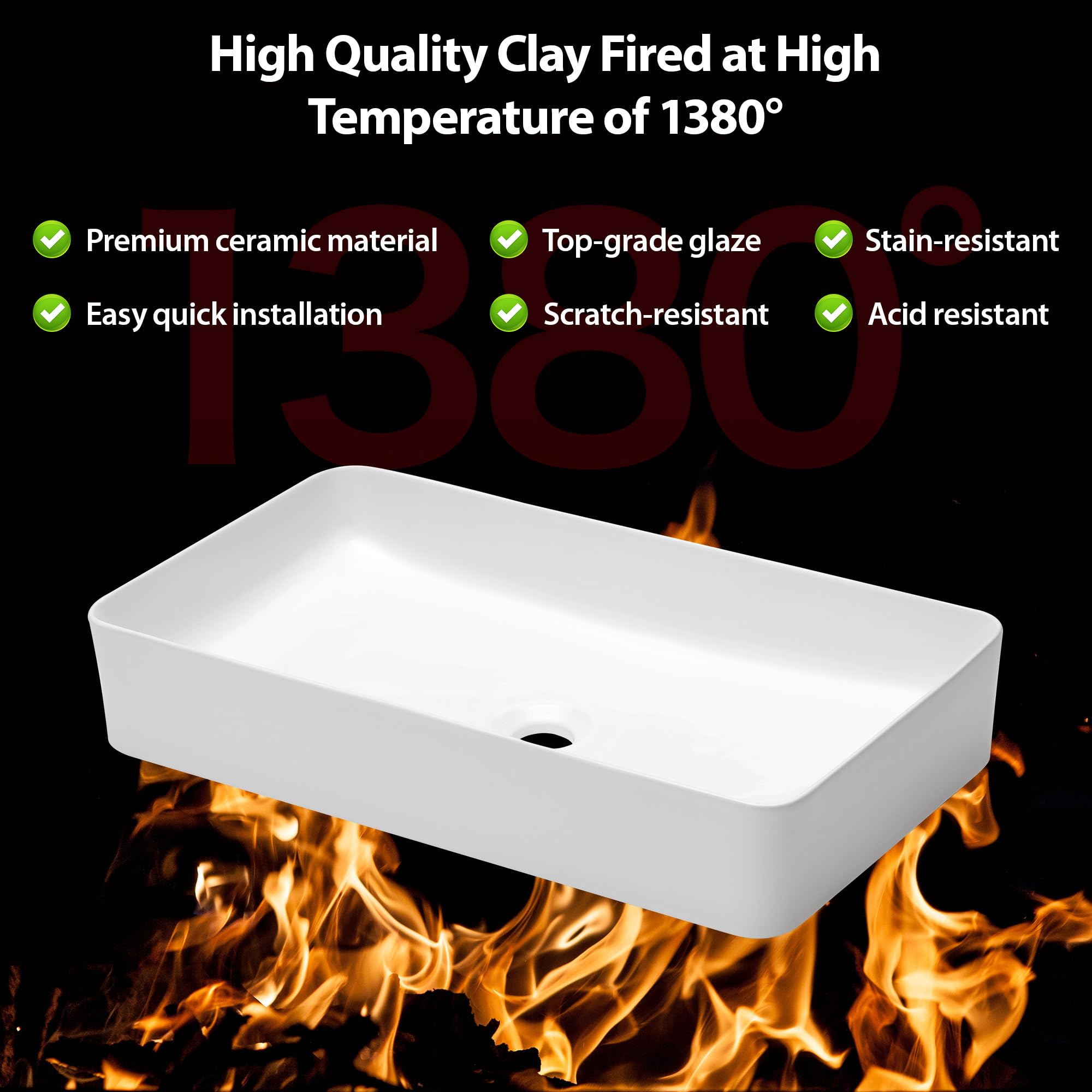 Fregadero rectangular de 24 x 14 pulgadas, color blanco, rectangular, sobre encimera, de cerámica, de porcelana, para encimera, lavabo rectangular de arte 3