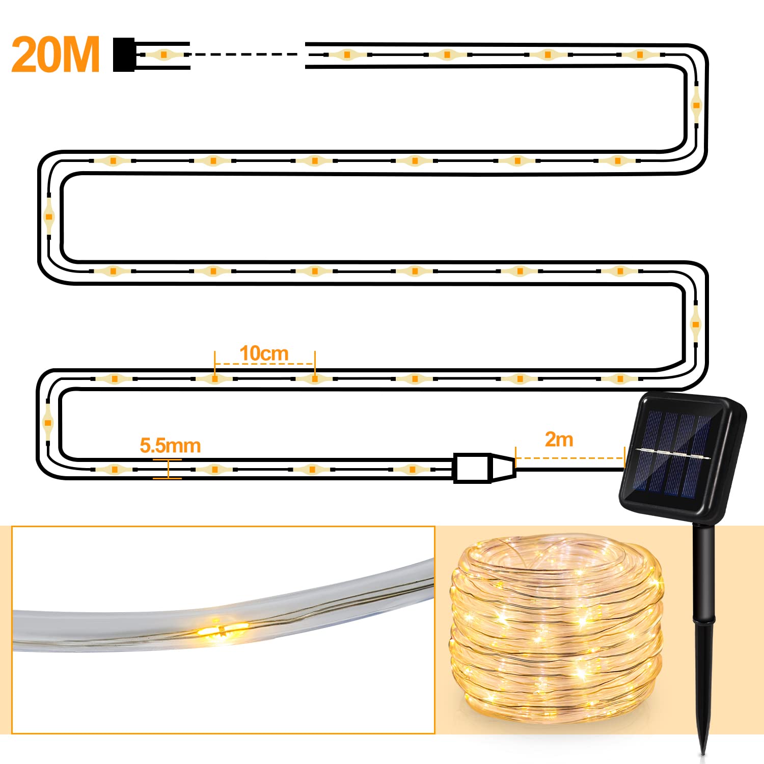 Gimisgu Solarny wąż świetlny, zewnętrzny, 20 m, 200 diod LED, ciepła biel, wodoszczelność IP65, 8 trybów oświetlenia, łańcuch świetlny do użytku na zewnątrz, dekoracyjne oświetlenie ogrodowe