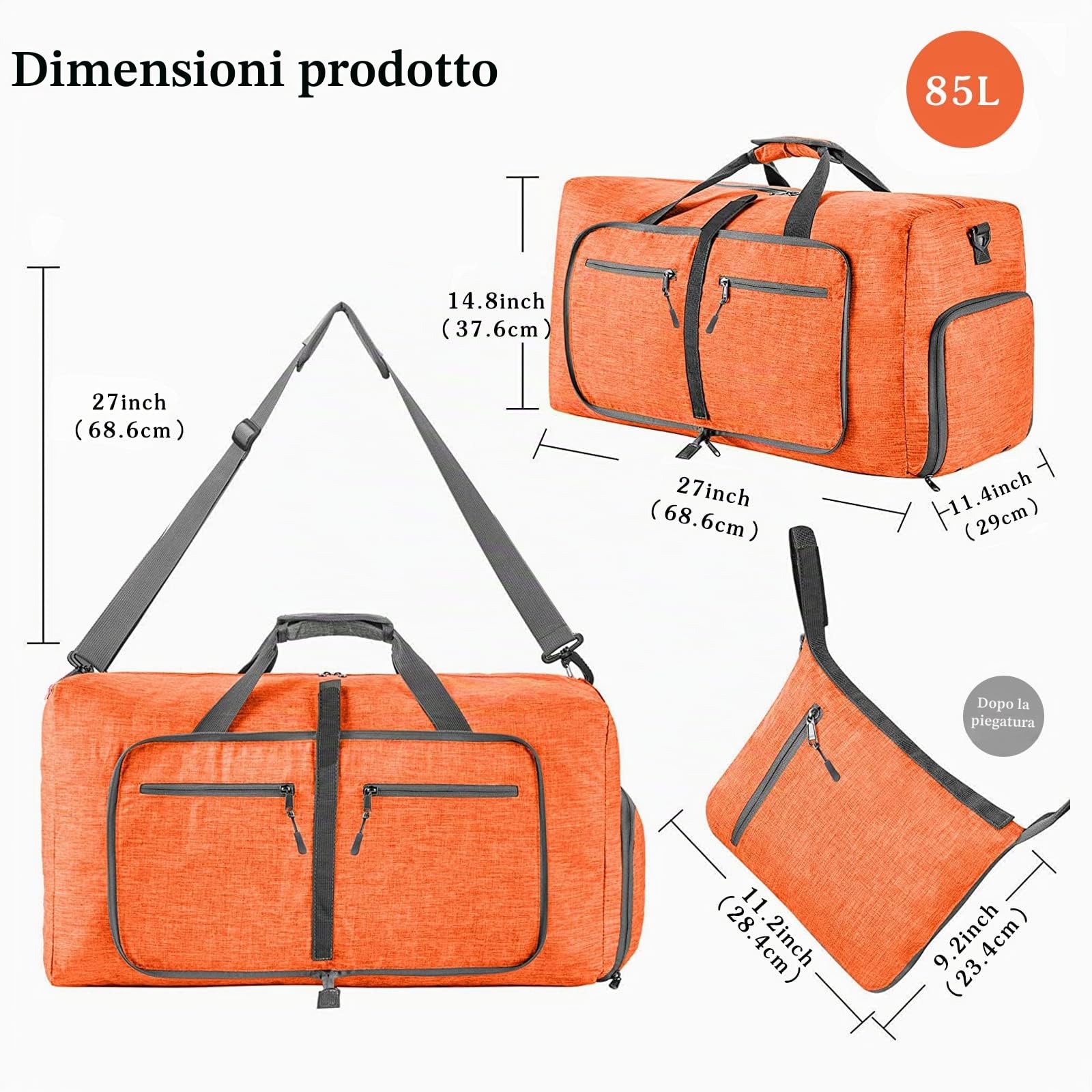 CORIOS Borsone da Viaggio Uomo/Donna 85L Pieghevole Borsa Sportiva Grande Bagaglio a Mano con Scomparto Scarpe Borsone Palestra Ultra-Leggero Piscina Palestra Weekender Pernottamento Arancio A