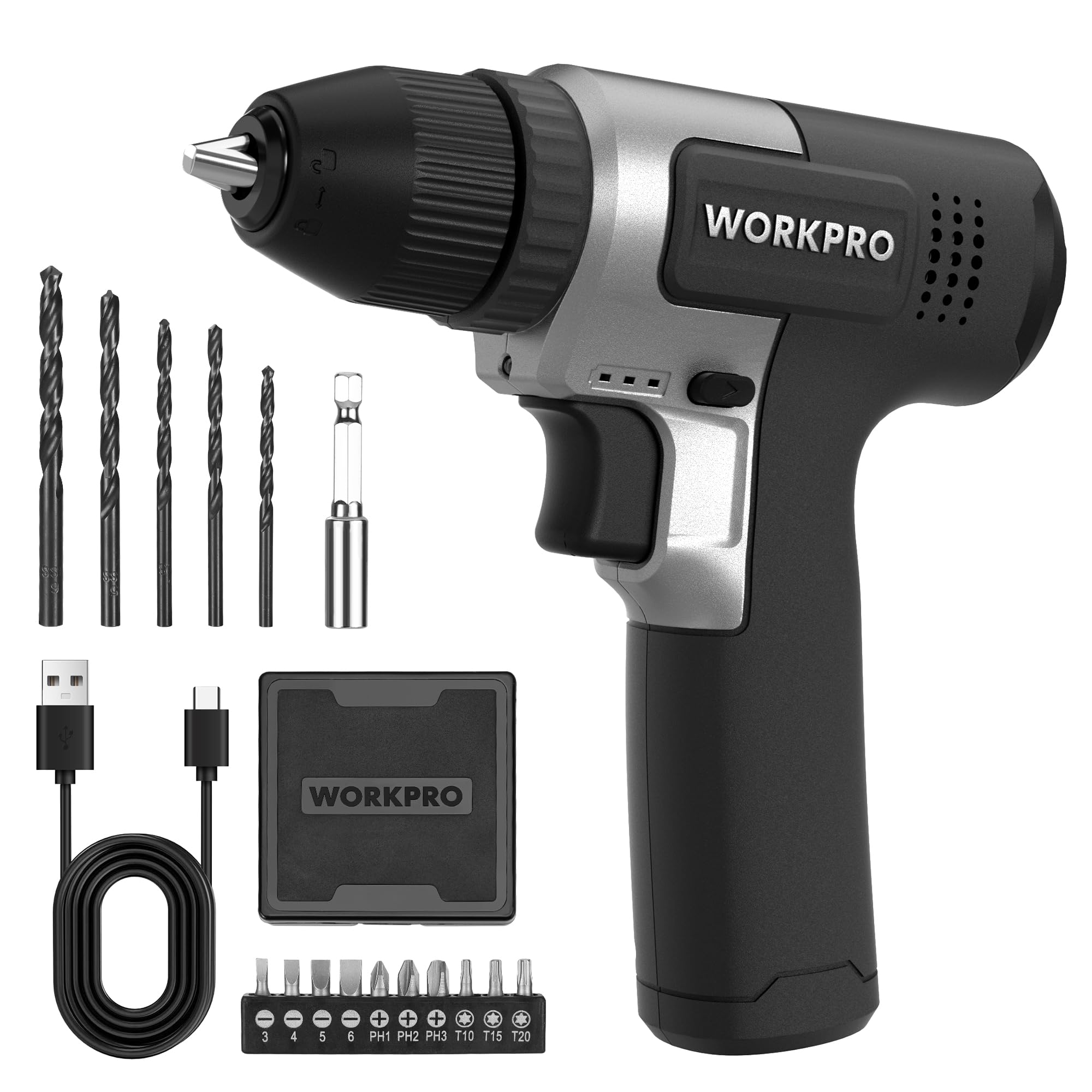 WORKPRO 8V Taladro Inalámbrico, Taladro Eléctrico con Portabrocas 3/8'', Destornillador Eléctrico, Atornillador con Velocidades Variables, Atornillador Recargable Tipo C, con 15pzas Accesorios, Negro